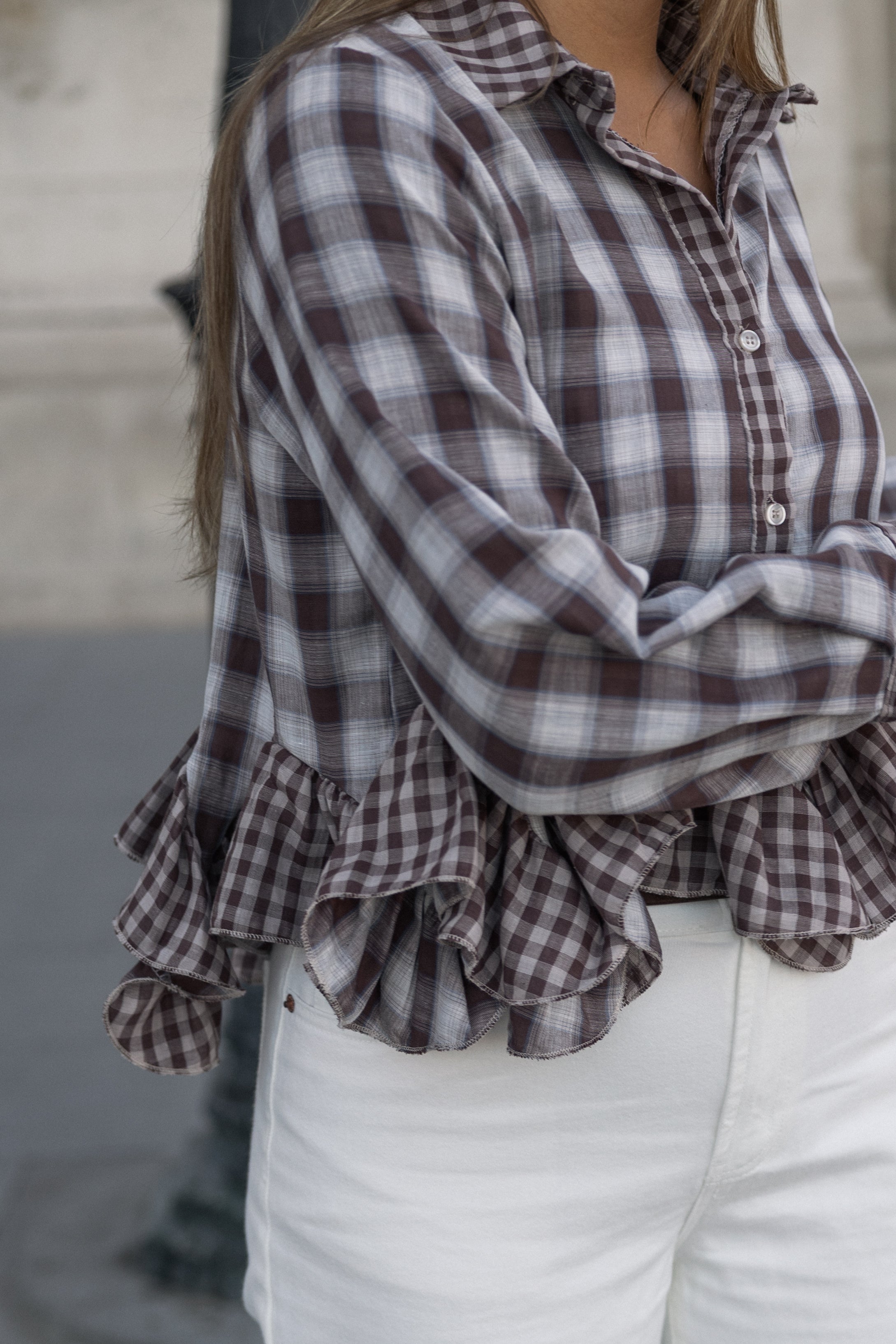 CHECKED VOLANT SHIRT CHOCO