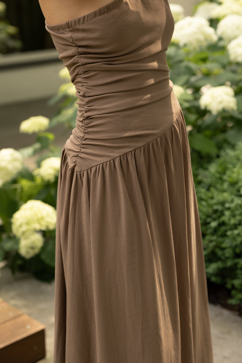 ONE-SHOULDER LINNEN DRESS TAUPE