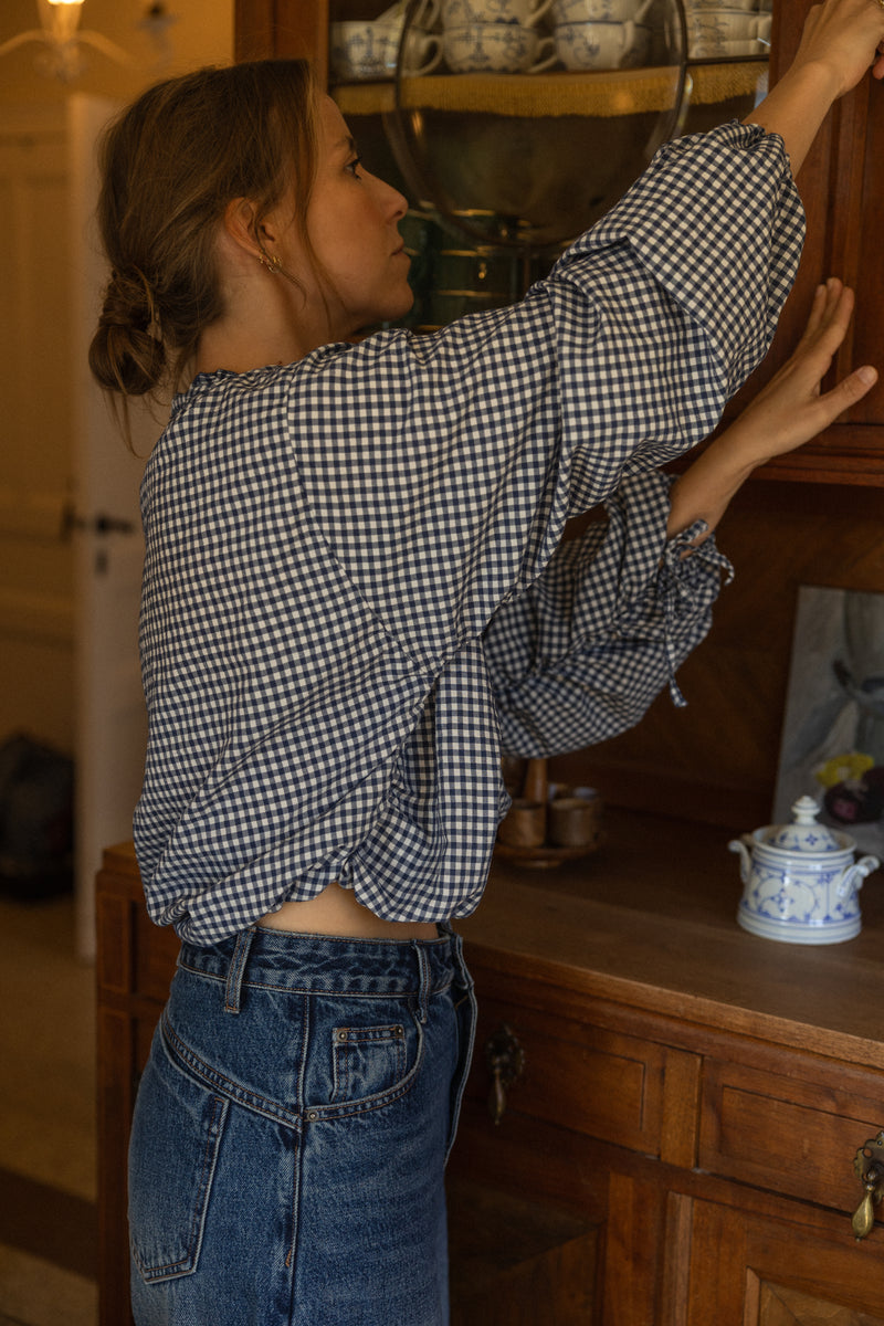 CHECKED BALLOON SHIRT NAVY