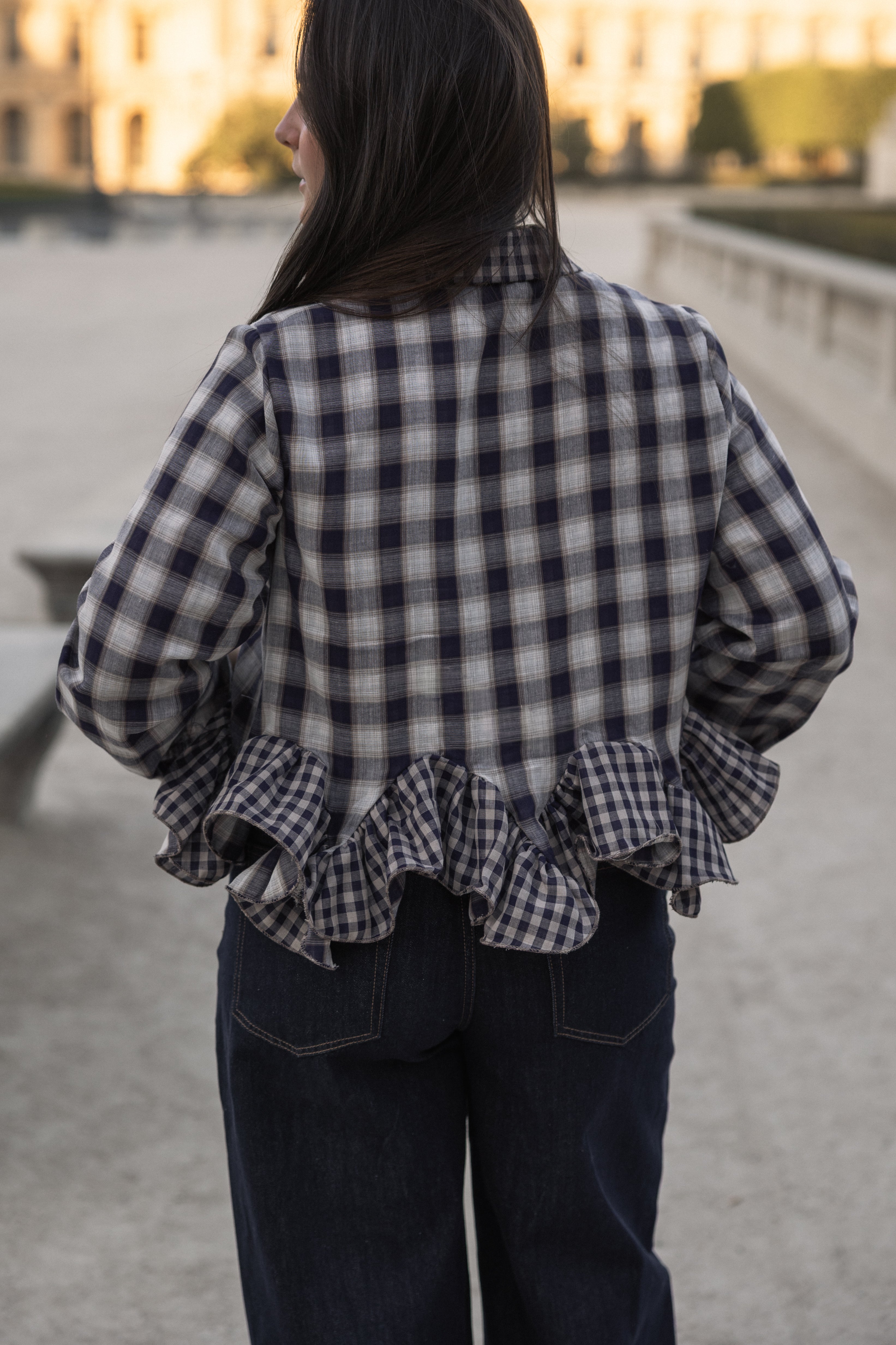 CHECKED VOLANT SHIRT NAVY