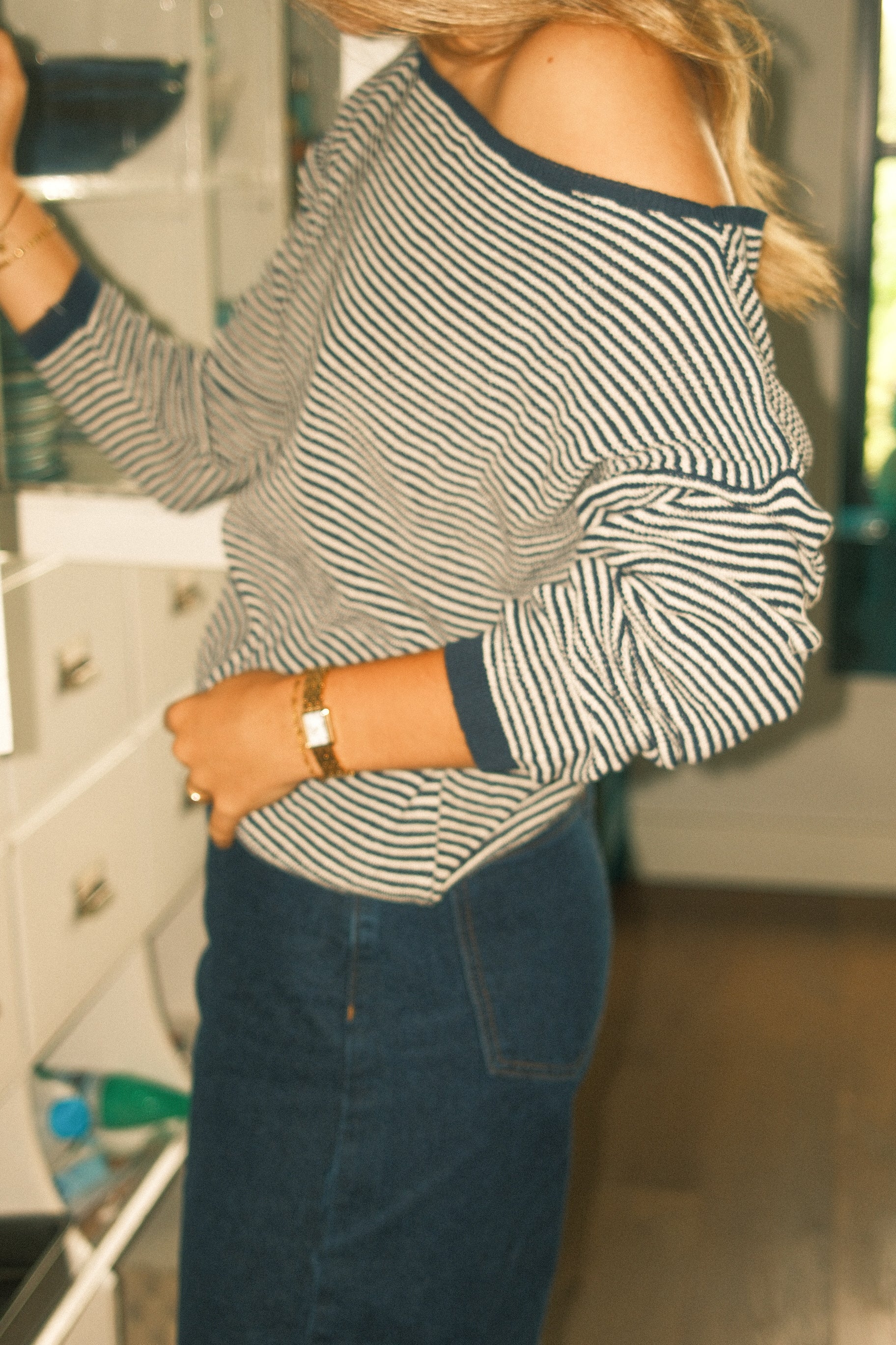 ANDIE OFF-SHOULDER KNIT STRIPED NAVY