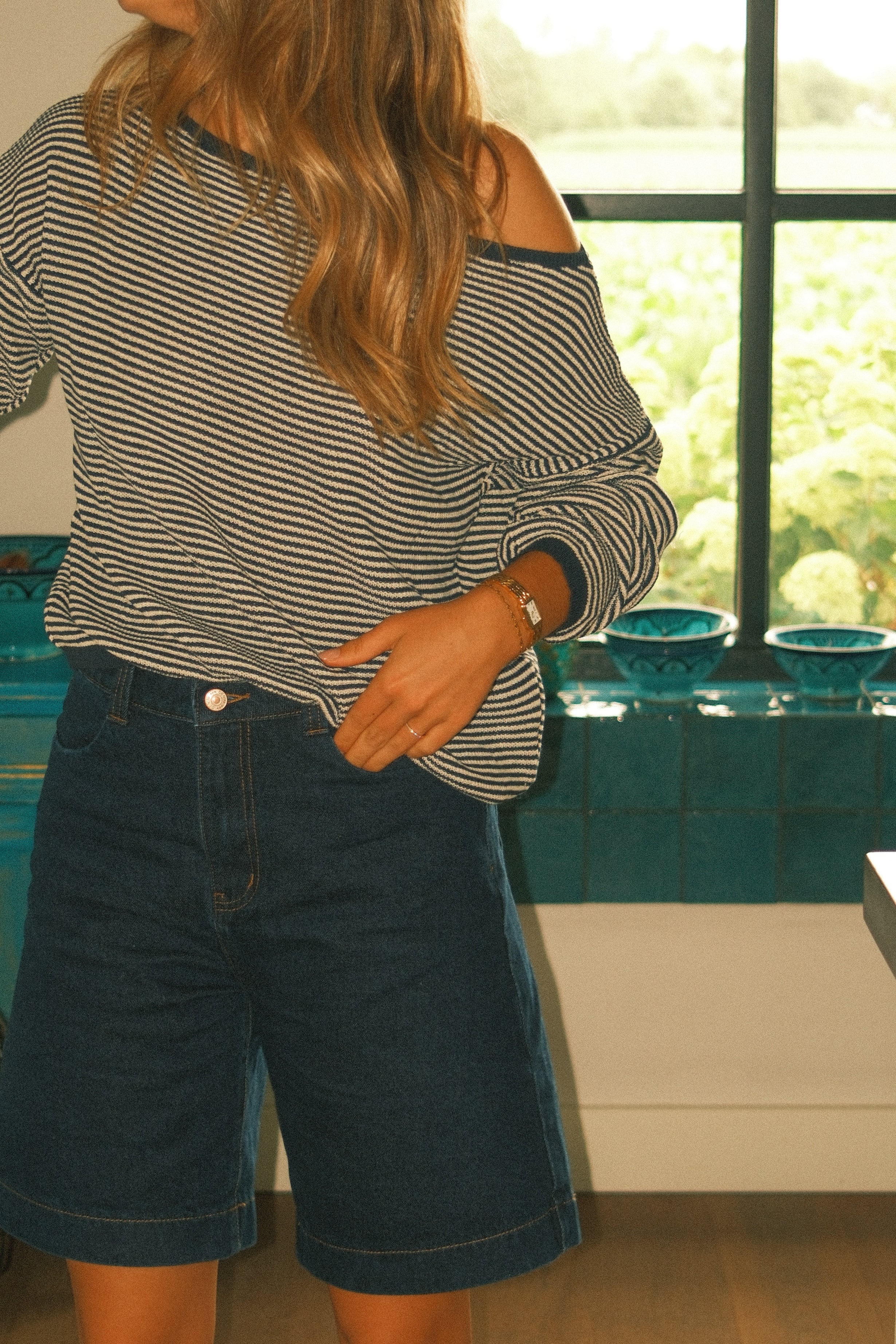 ANDIE OFF-SHOULDER KNIT STRIPED NAVY