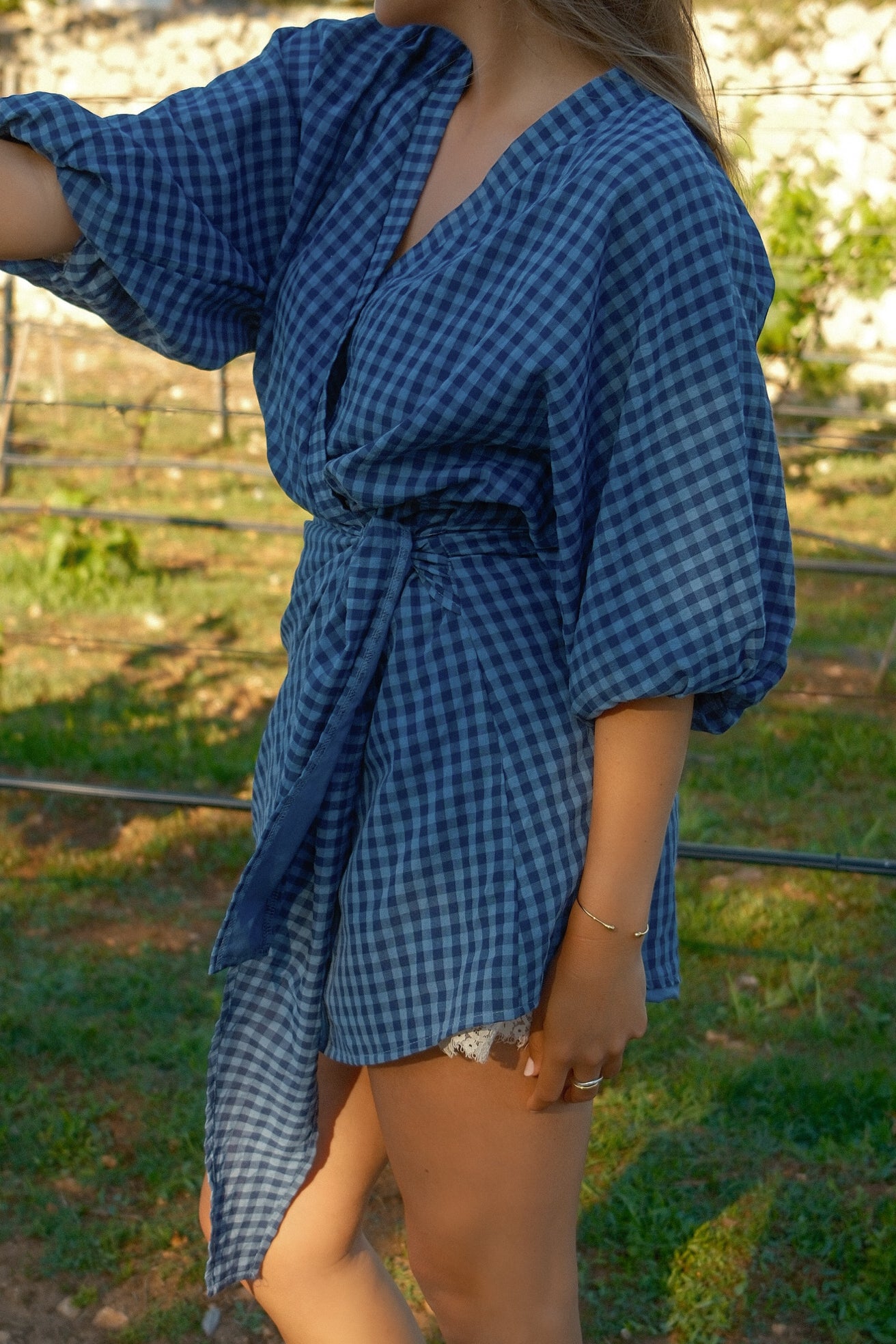 CHECKED WRAPPED DRESS BLUE