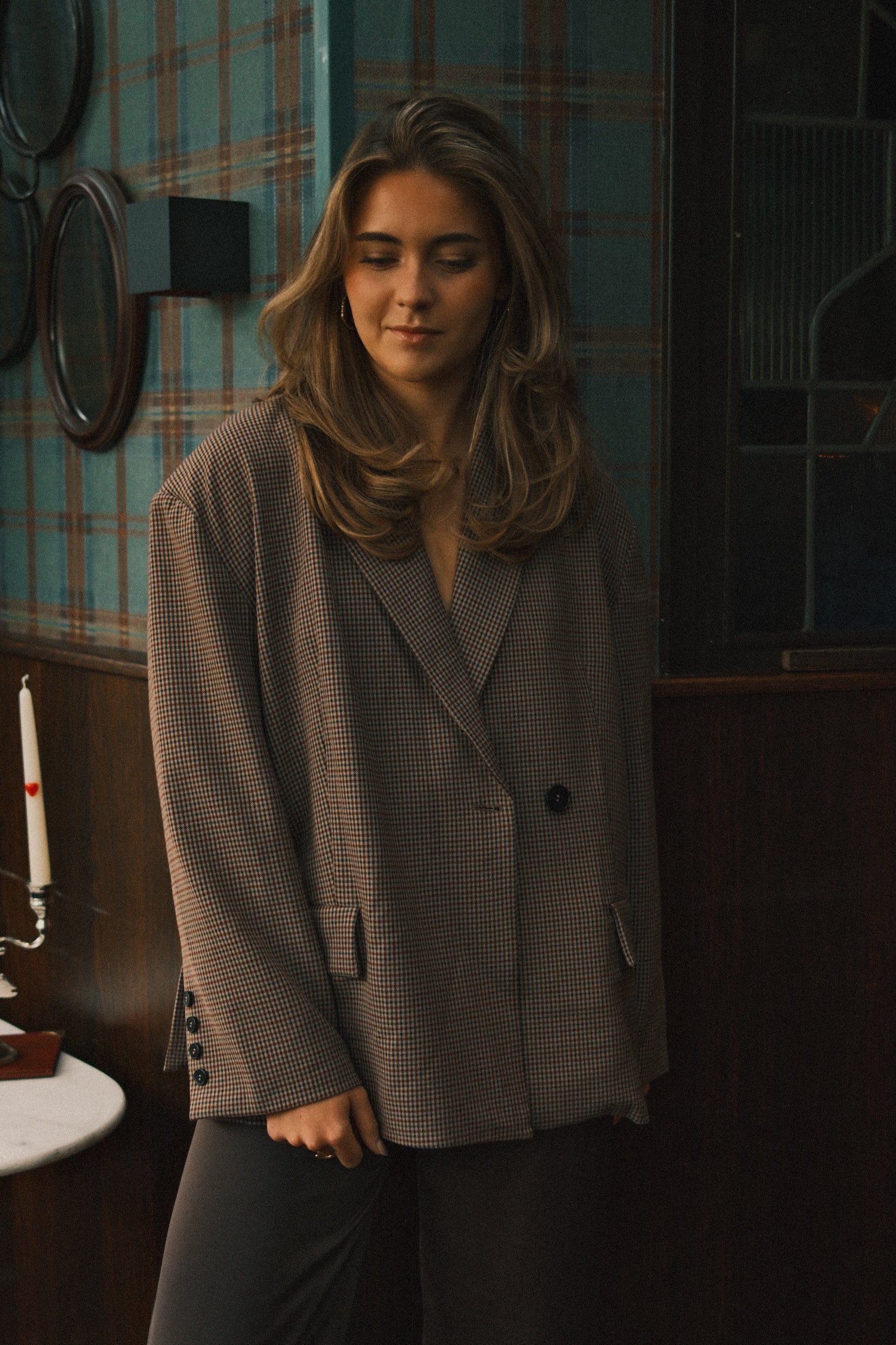 OVERSIZED CHECKED BLAZER BROWN