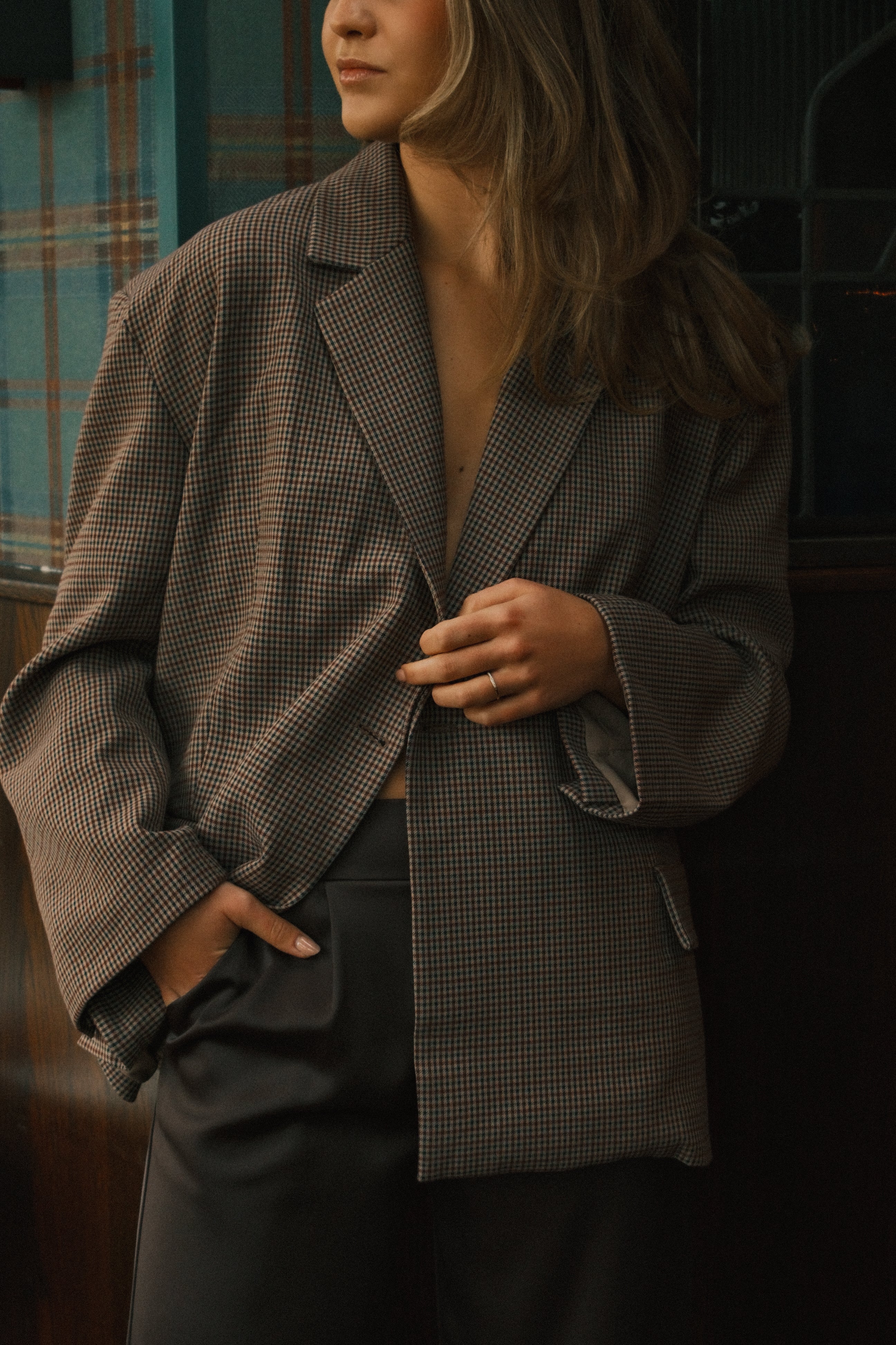 OVERSIZED CHECKED BLAZER BROWN