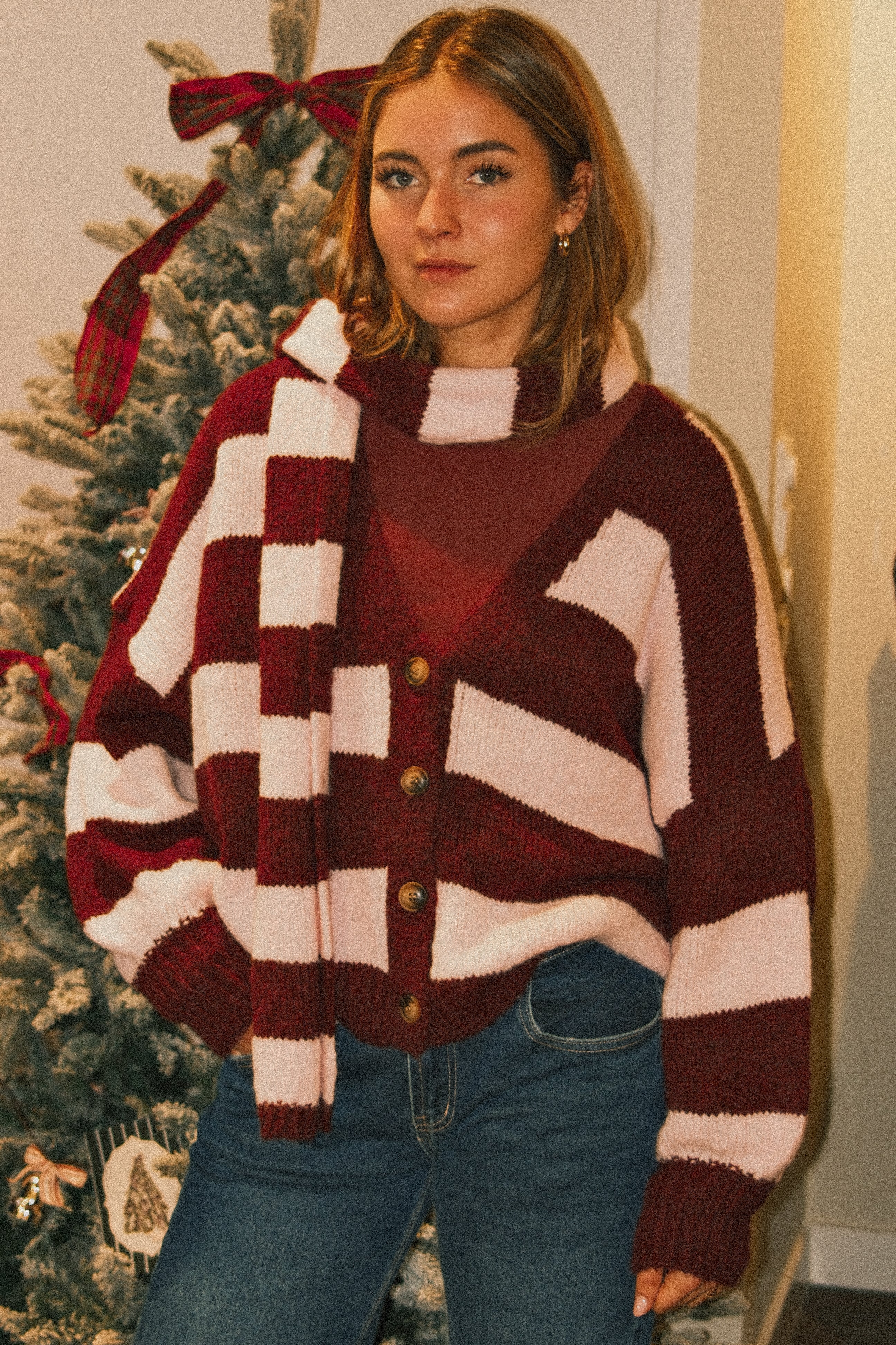 OVERSIZED STRIPED SCARLETT CARDIGAN PINK/BORDEAUX (WITH SCARF)