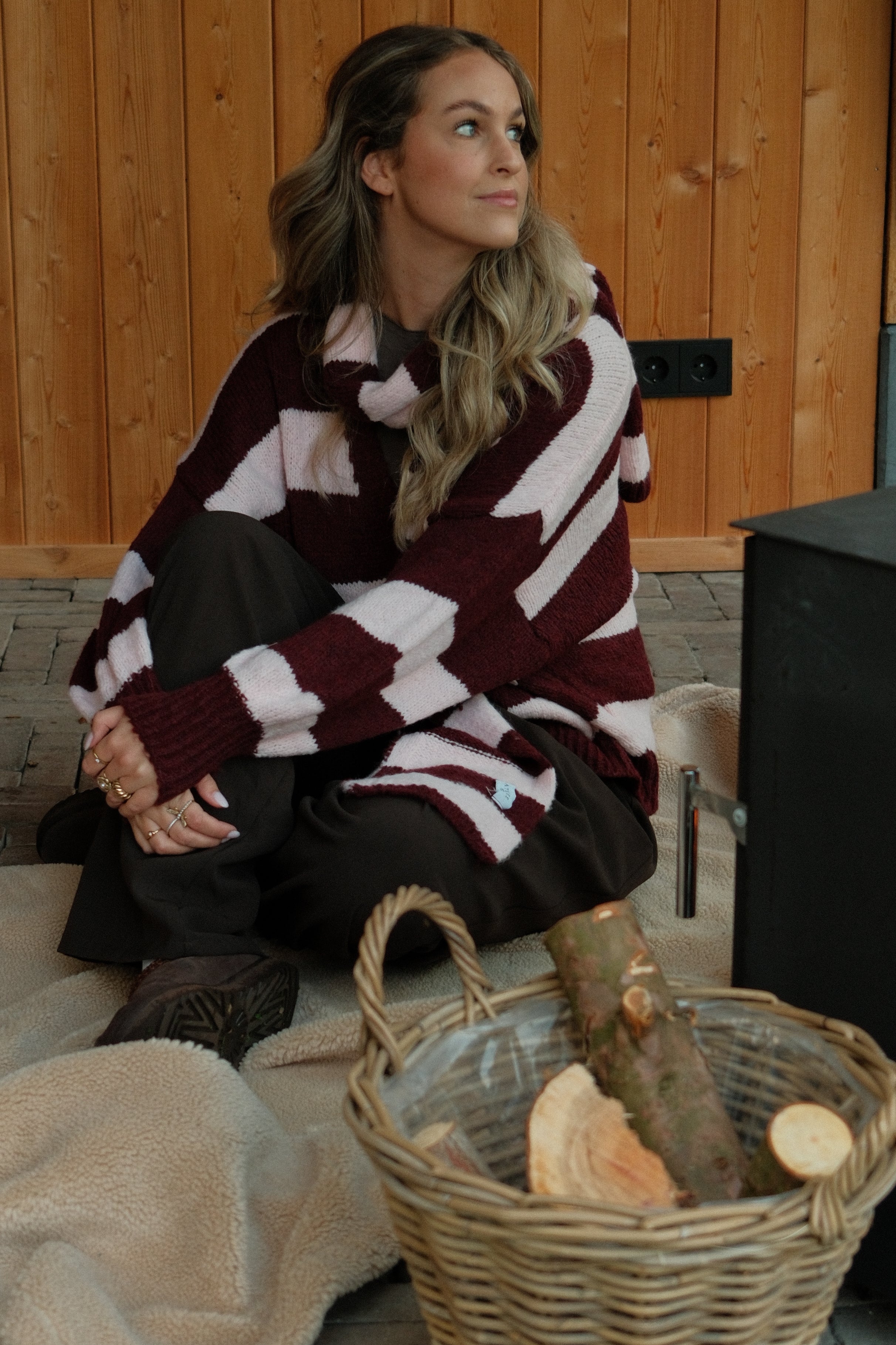 OVERSIZED STRIPED SCARLETT CARDIGAN PINK/BORDEAUX (WITH SCARF)