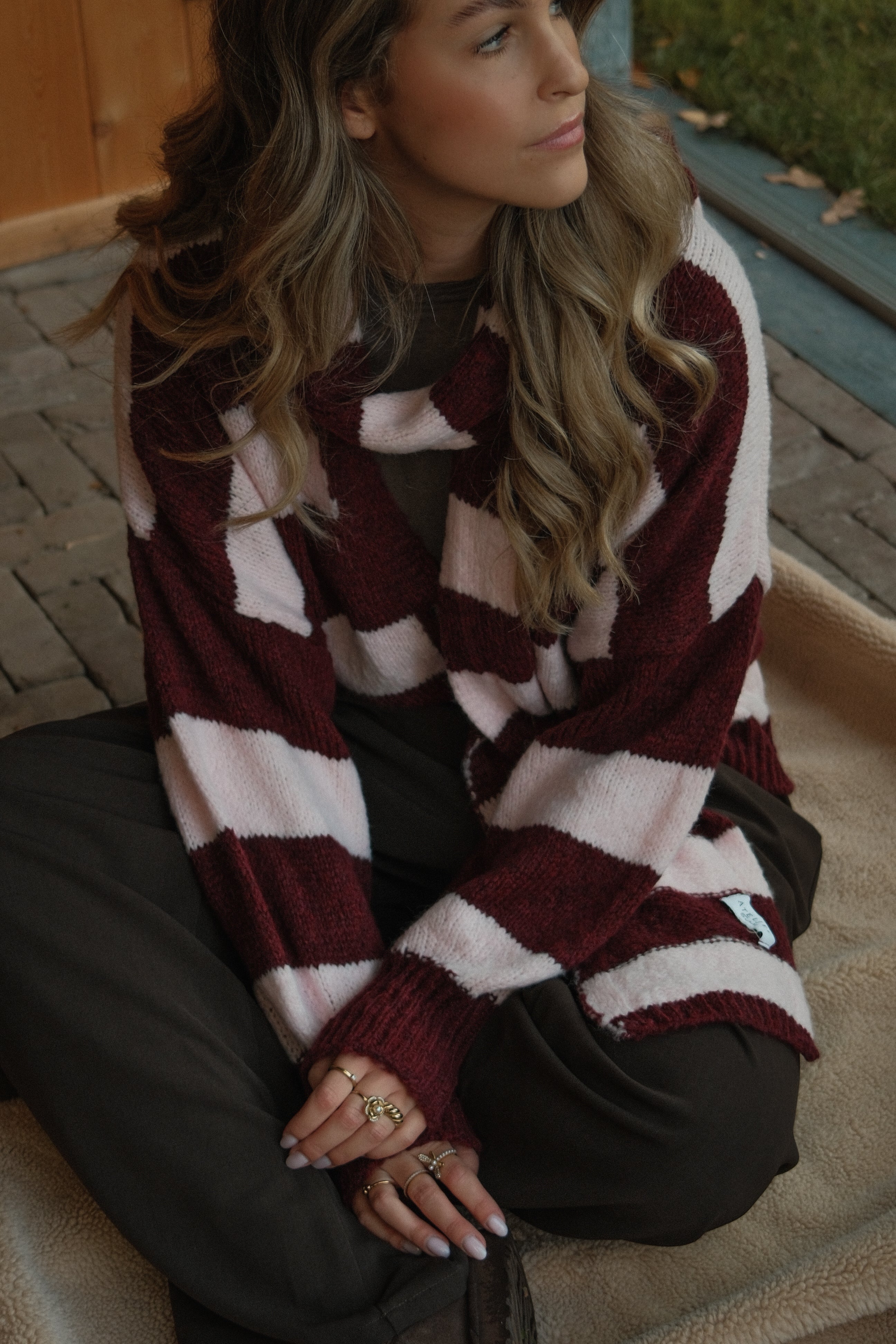 OVERSIZED STRIPED SCARLETT CARDIGAN PINK/BORDEAUX (WITH SCARF)