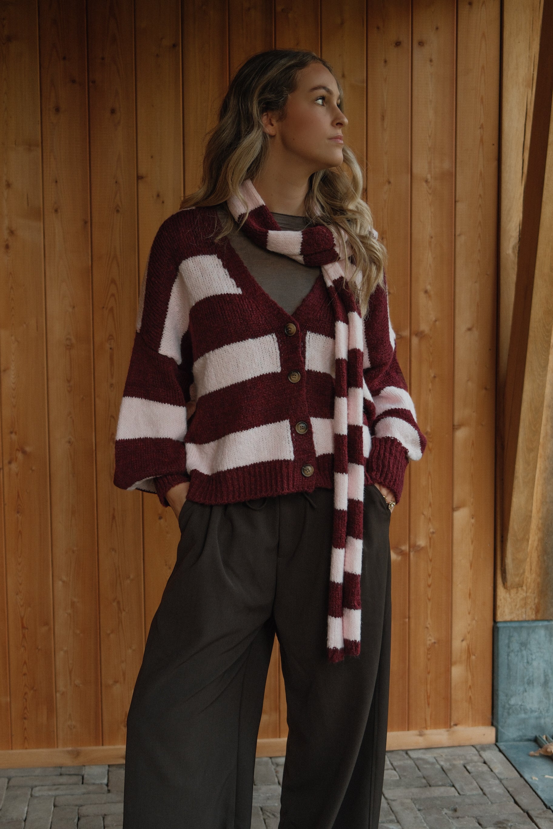 OVERSIZED STRIPED SCARLETT CARDIGAN PINK/BORDEAUX (WITH SCARF)