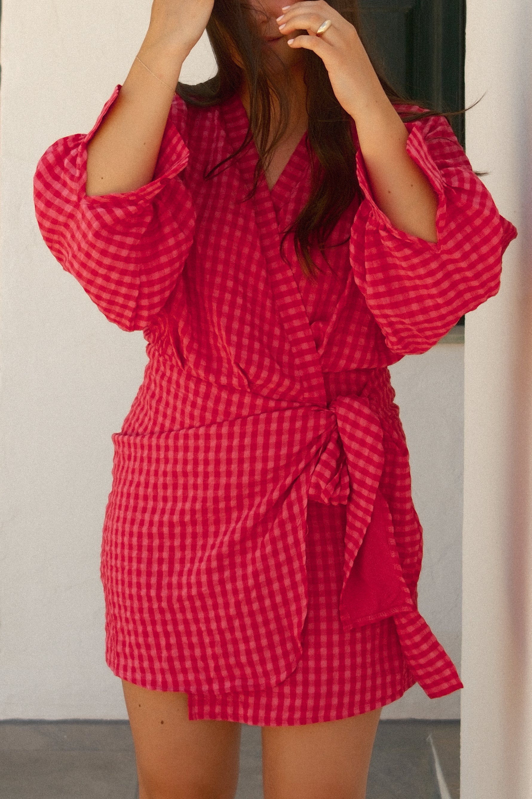 CHECKED WRAPPED DRESS RED/PINK