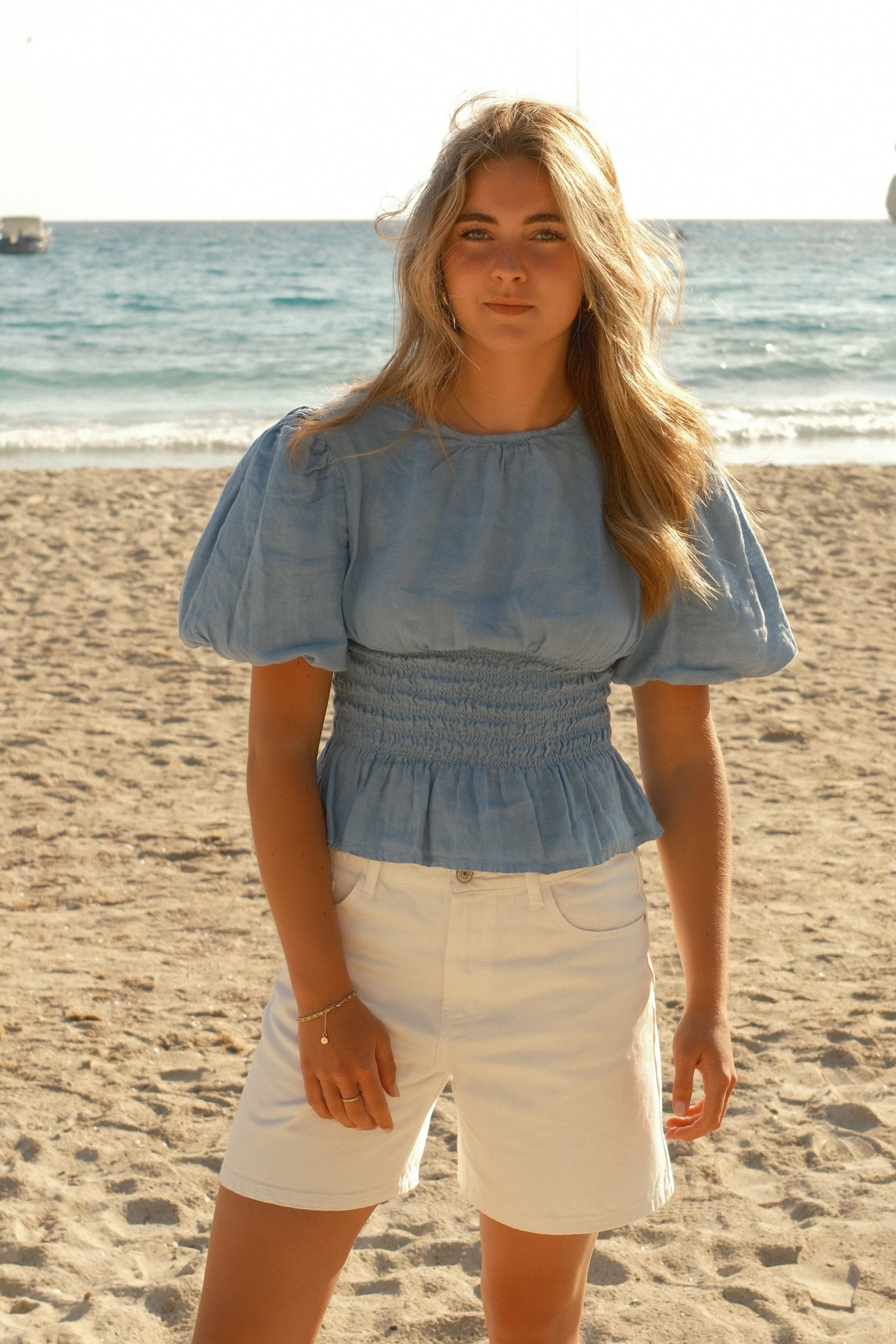 100% LINNEN TAILORED TOP DENIMBLUE