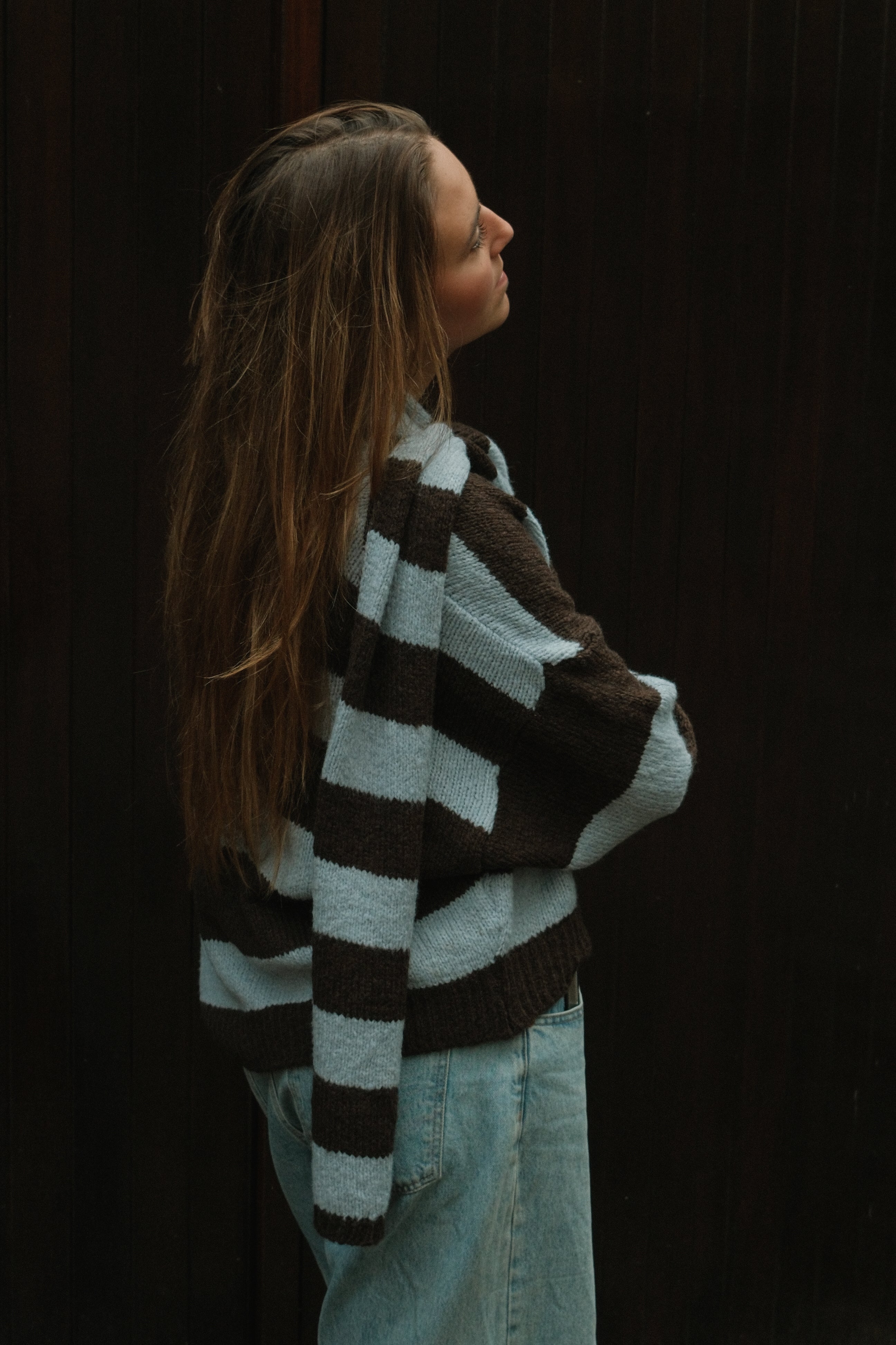 OVERSIZED STRIPED SCARLETT CARDIGAN BLUE/CHOCO (WITH SCARF)