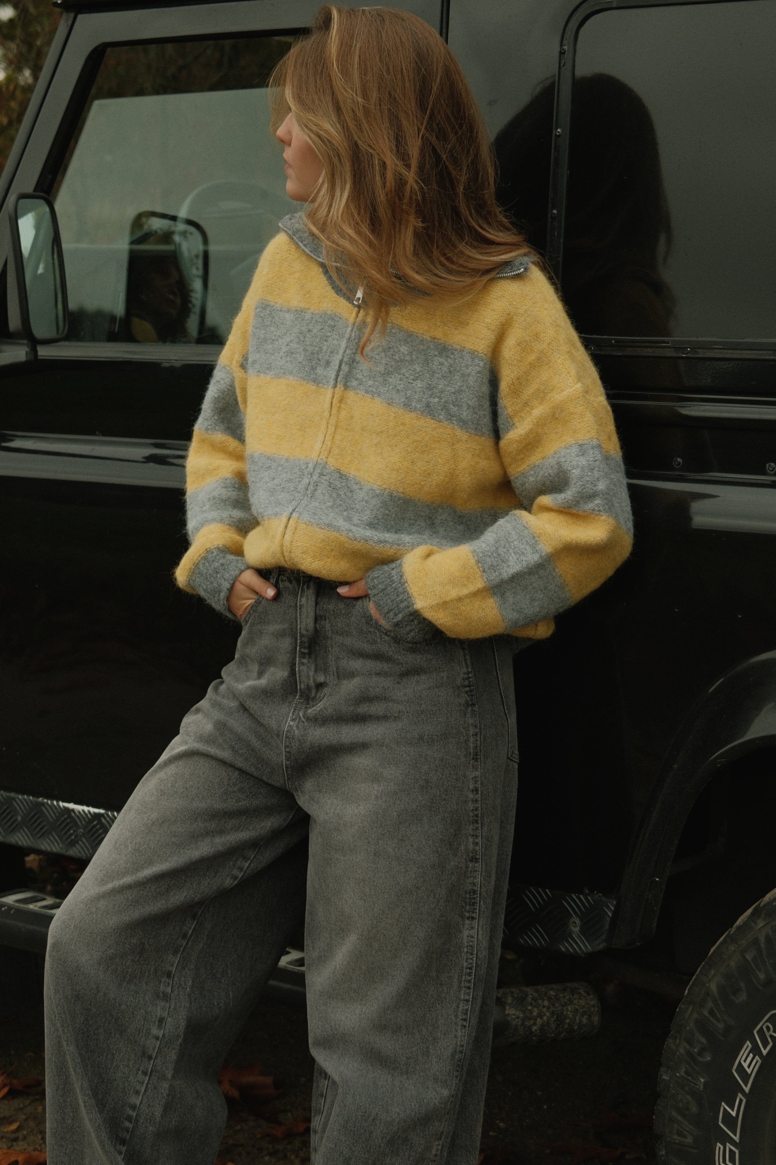 BOLD STRIPE ZIP KNIT YELLOW/GREY