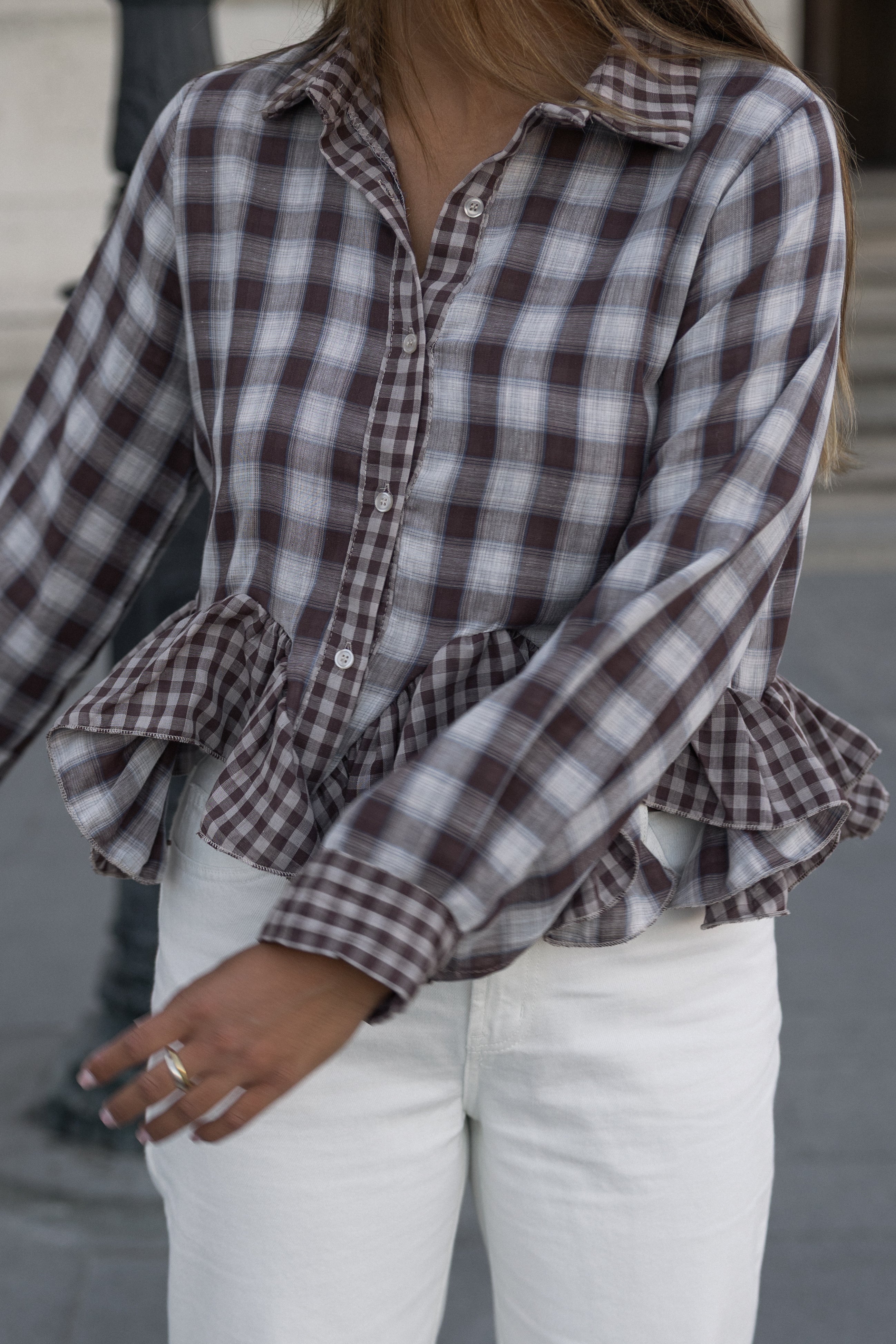 CHECKED VOLANT SHIRT CHOCO