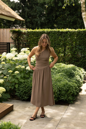 ONE-SHOULDER LINNEN DRESS TAUPE