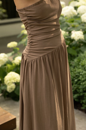 ONE-SHOULDER LINNEN DRESS TAUPE