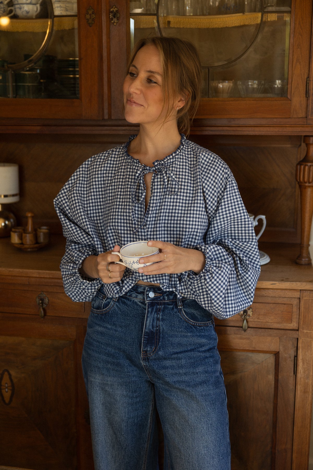 CHECKED BALLOON SHIRT NAVY
