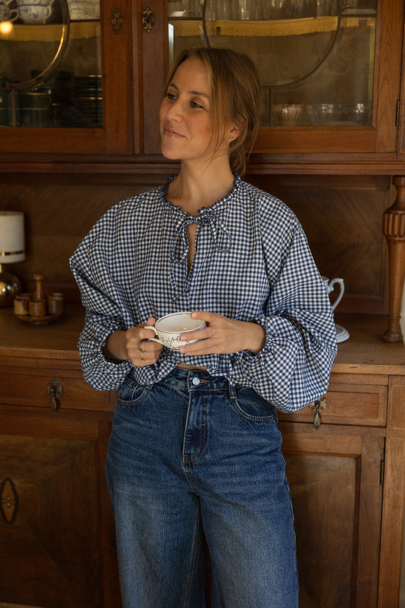 CHECKED BALLOON SHIRT NAVY