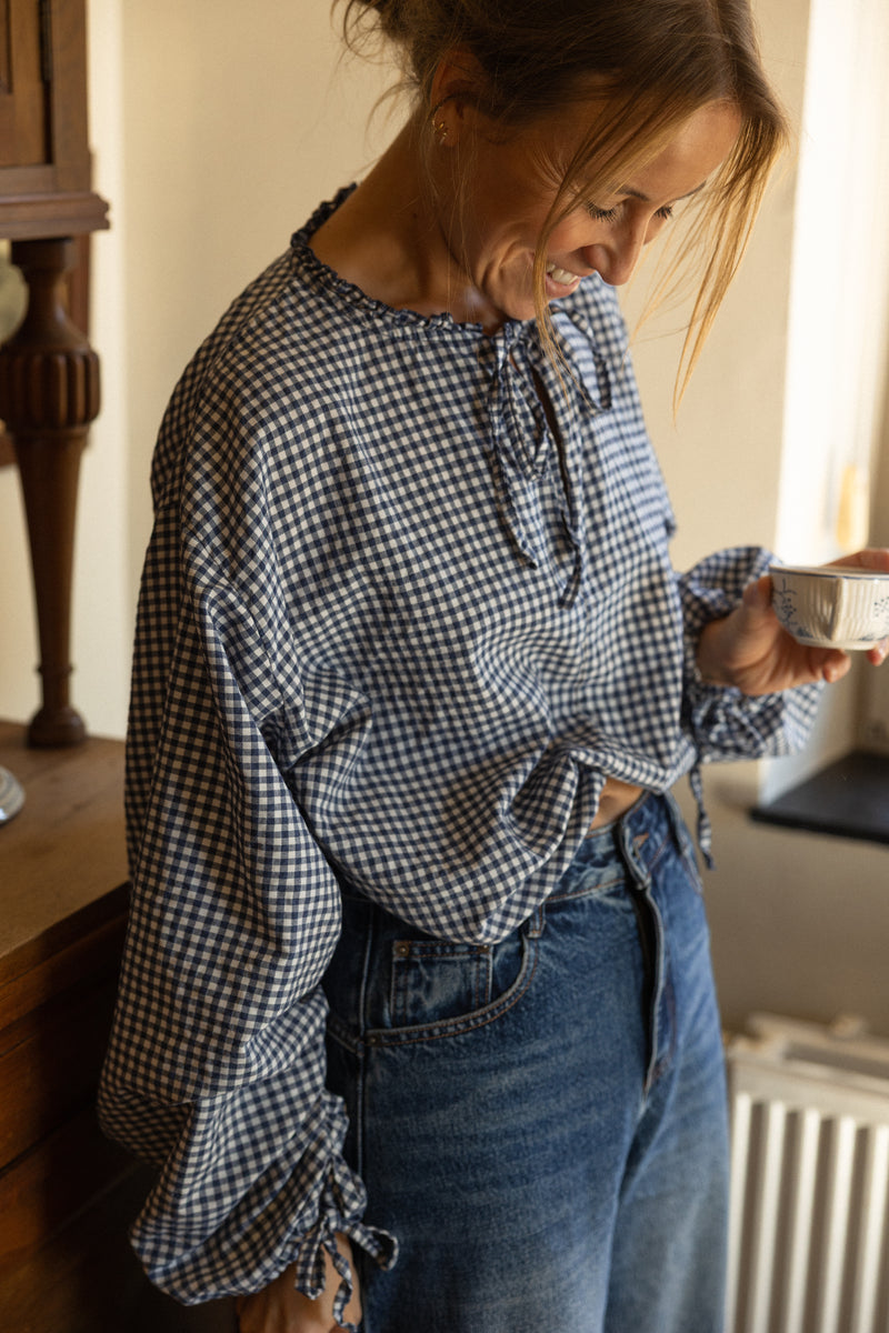 CHECKED BALLOON SHIRT NAVY