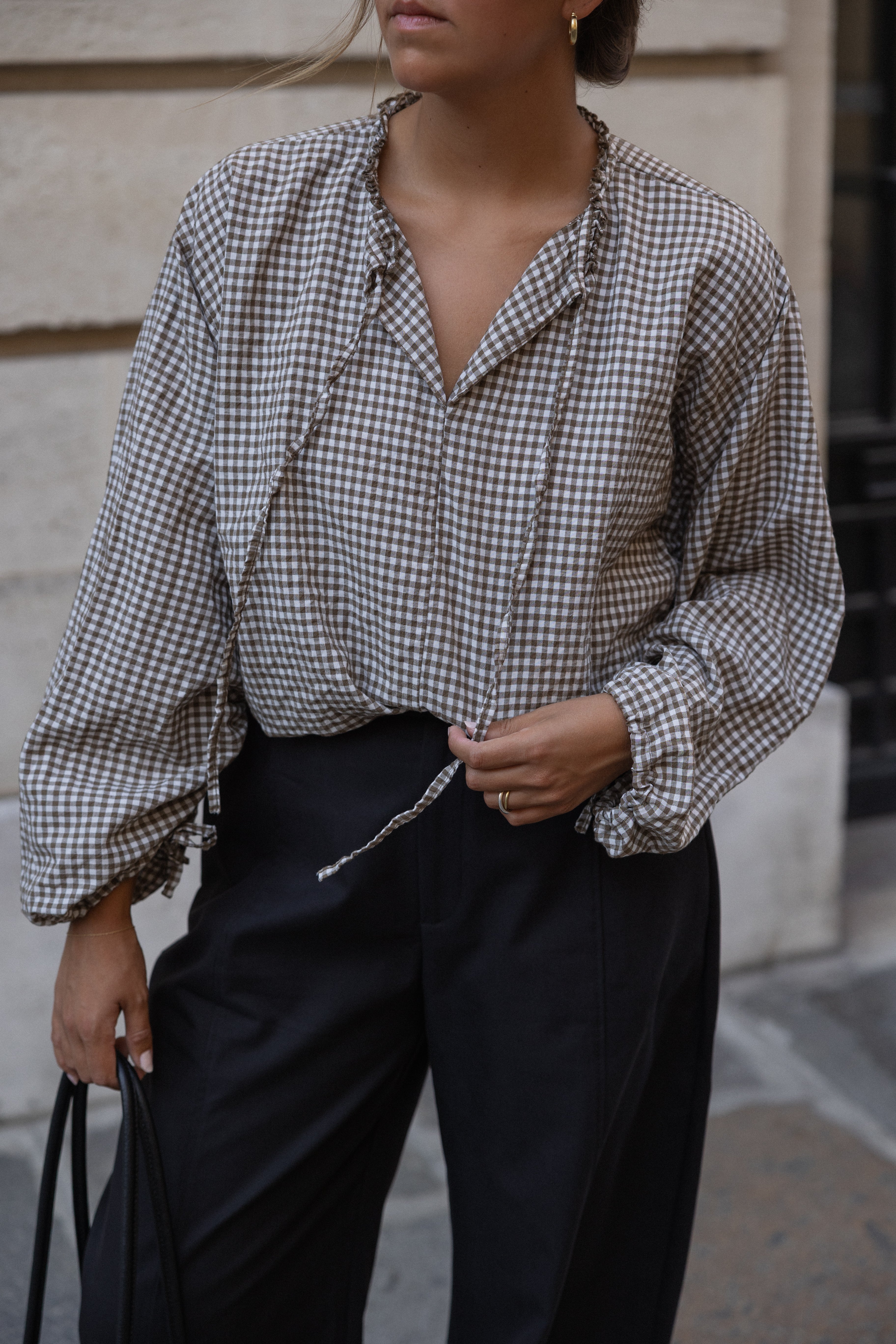 CHECKED BALLOON SHIRT TAUPE