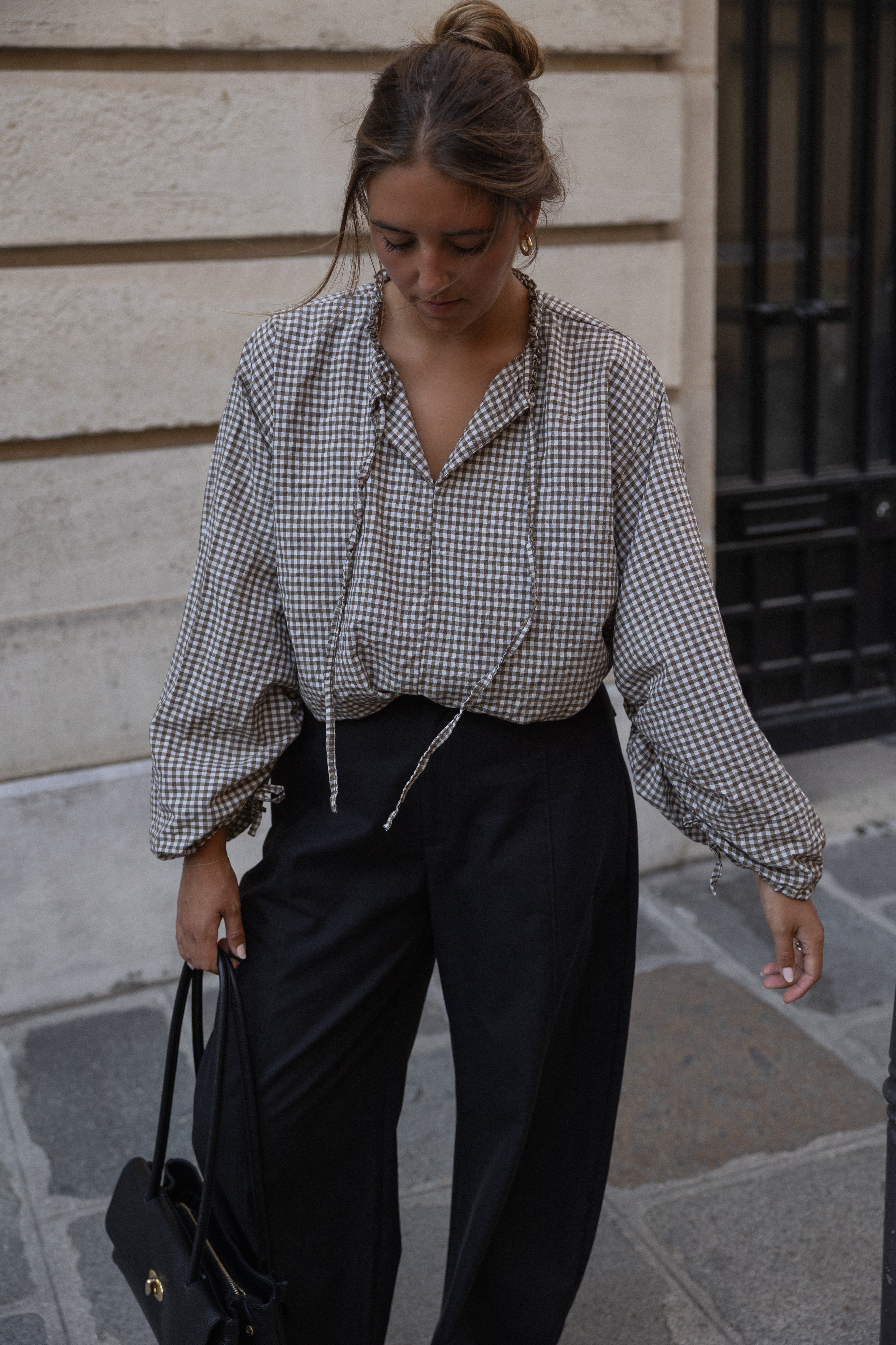 CHECKED BALLOON SHIRT TAUPE