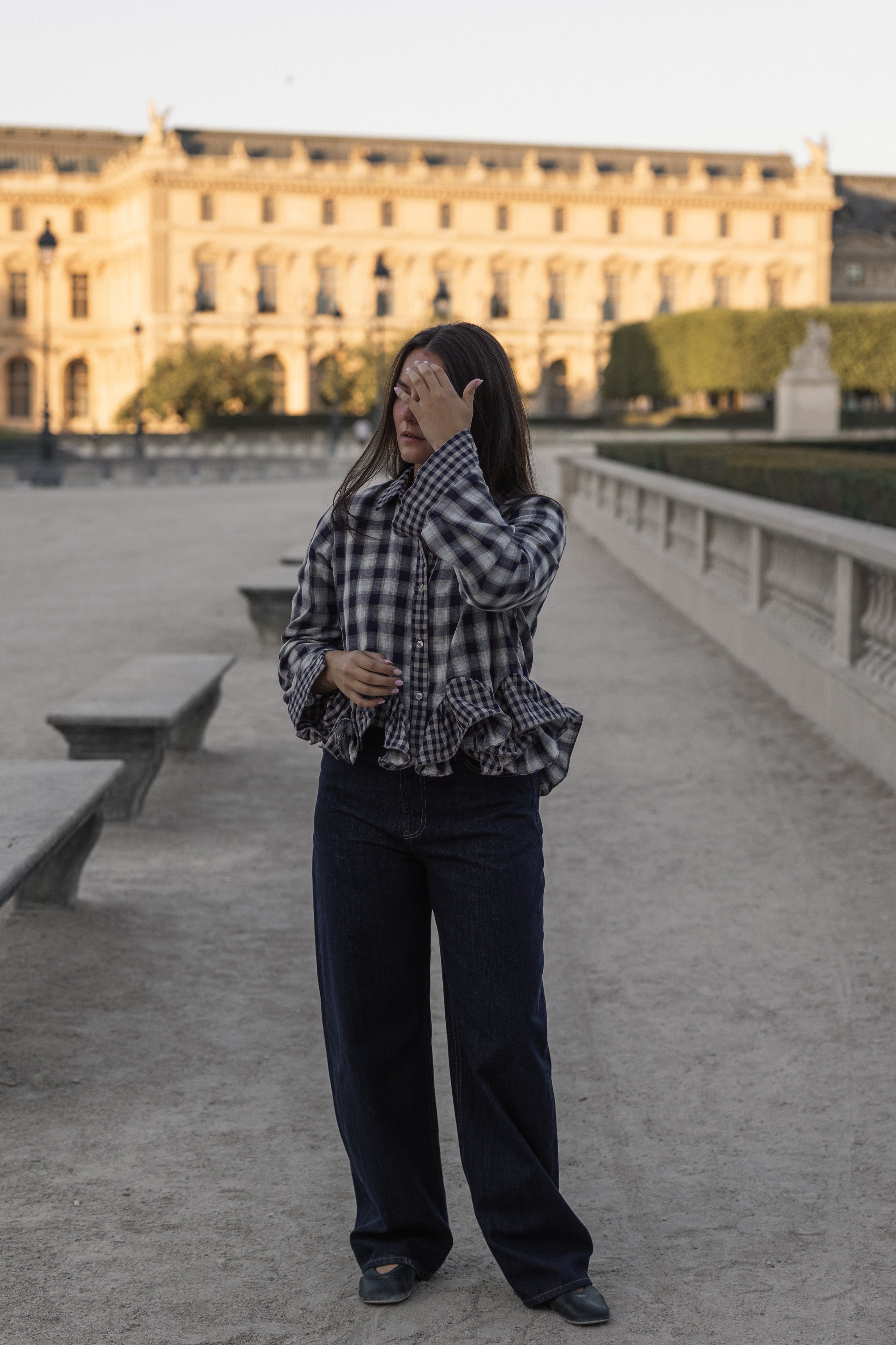 CHECKED VOLANT SHIRT NAVY