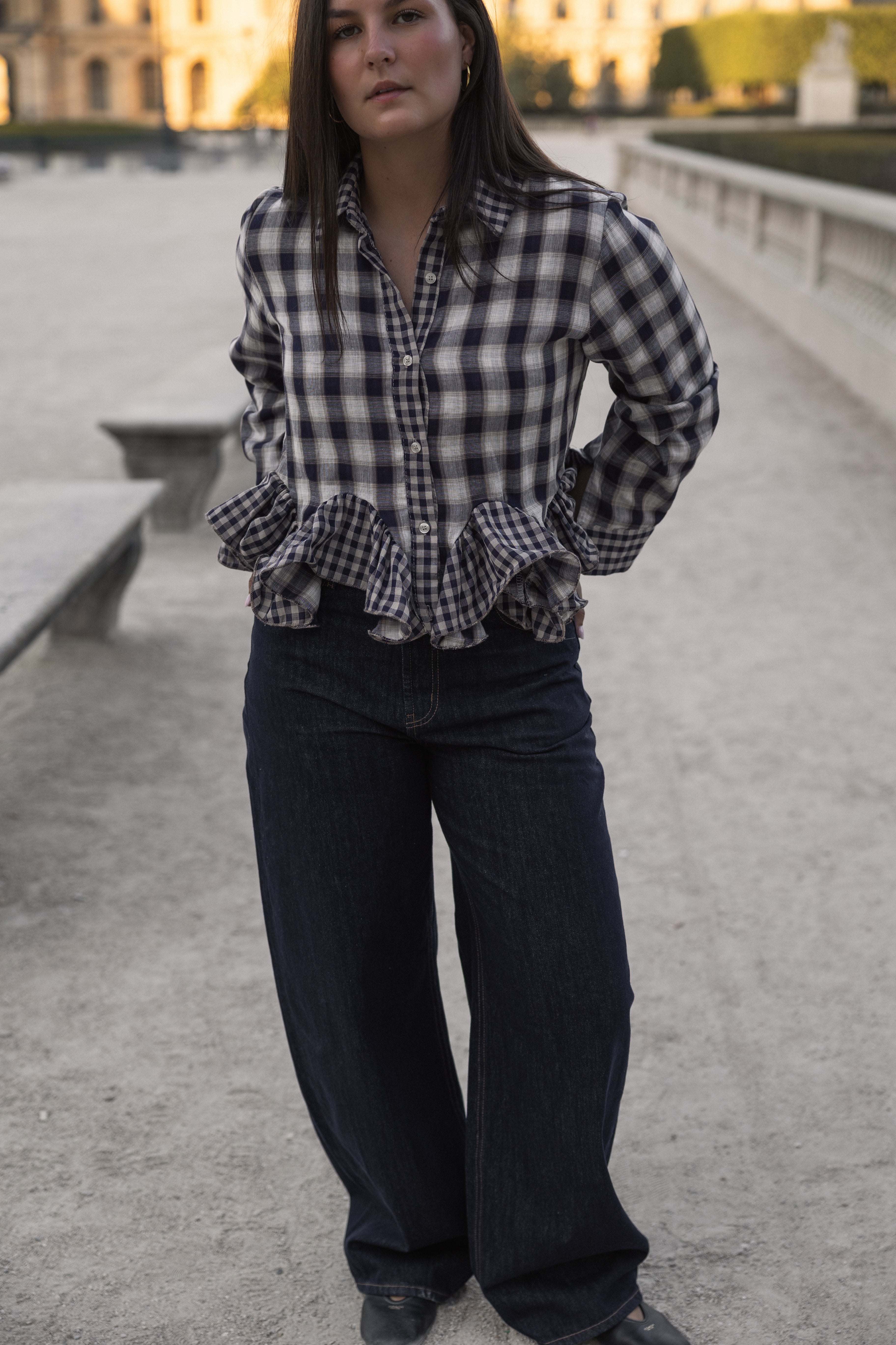 CHECKED VOLANT SHIRT NAVY