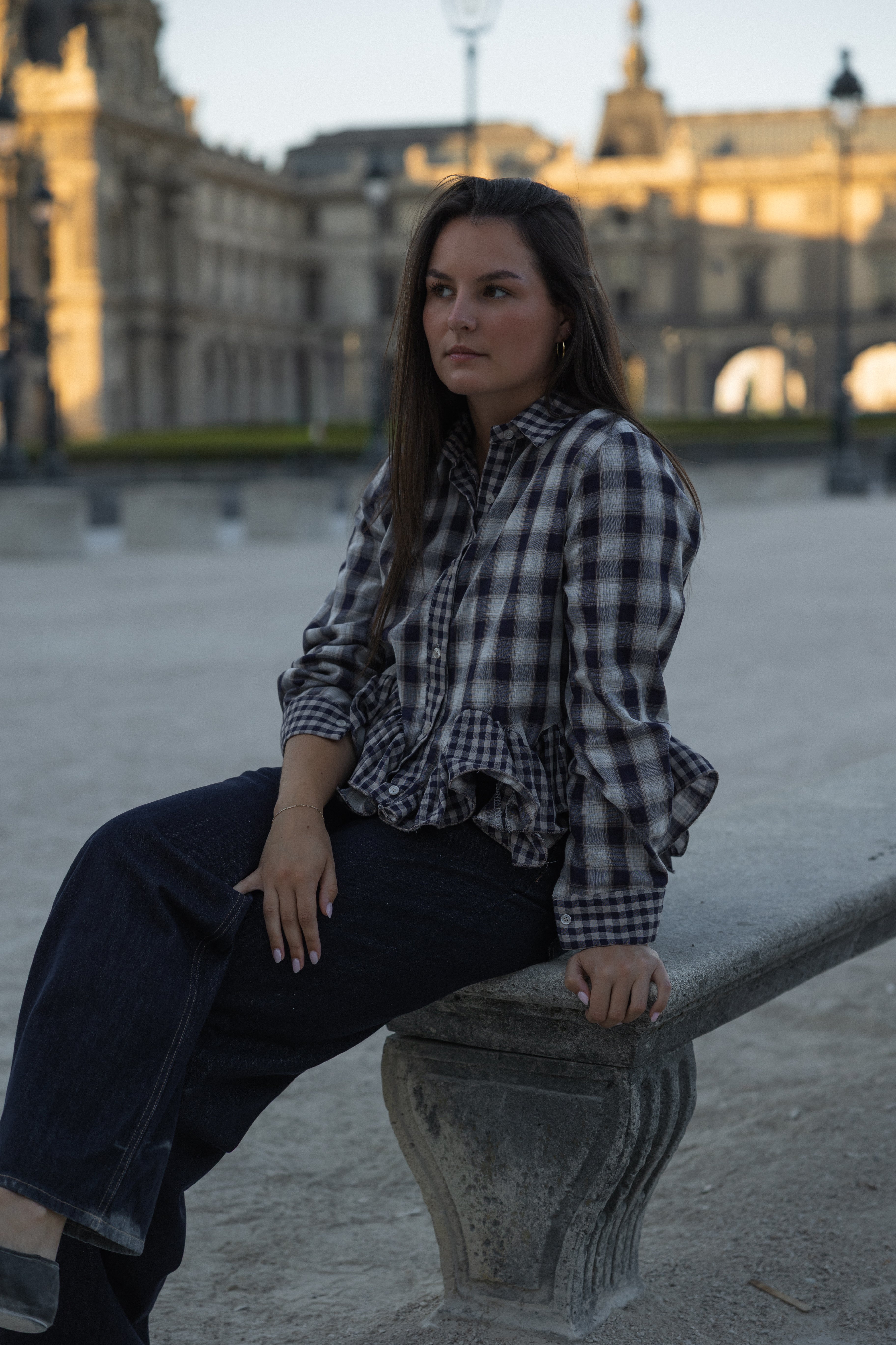 CHECKED VOLANT SHIRT NAVY