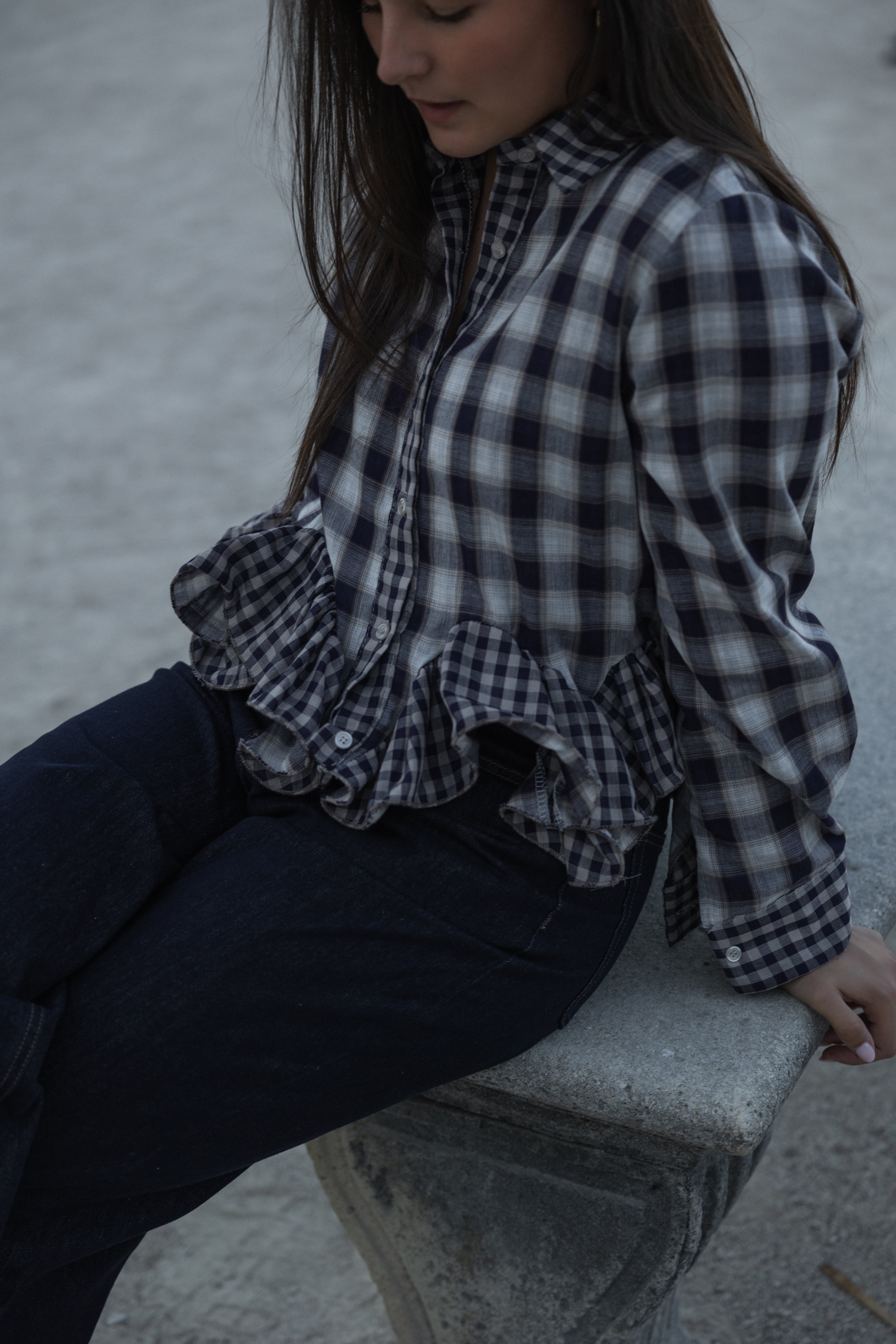 CHECKED VOLANT SHIRT NAVY