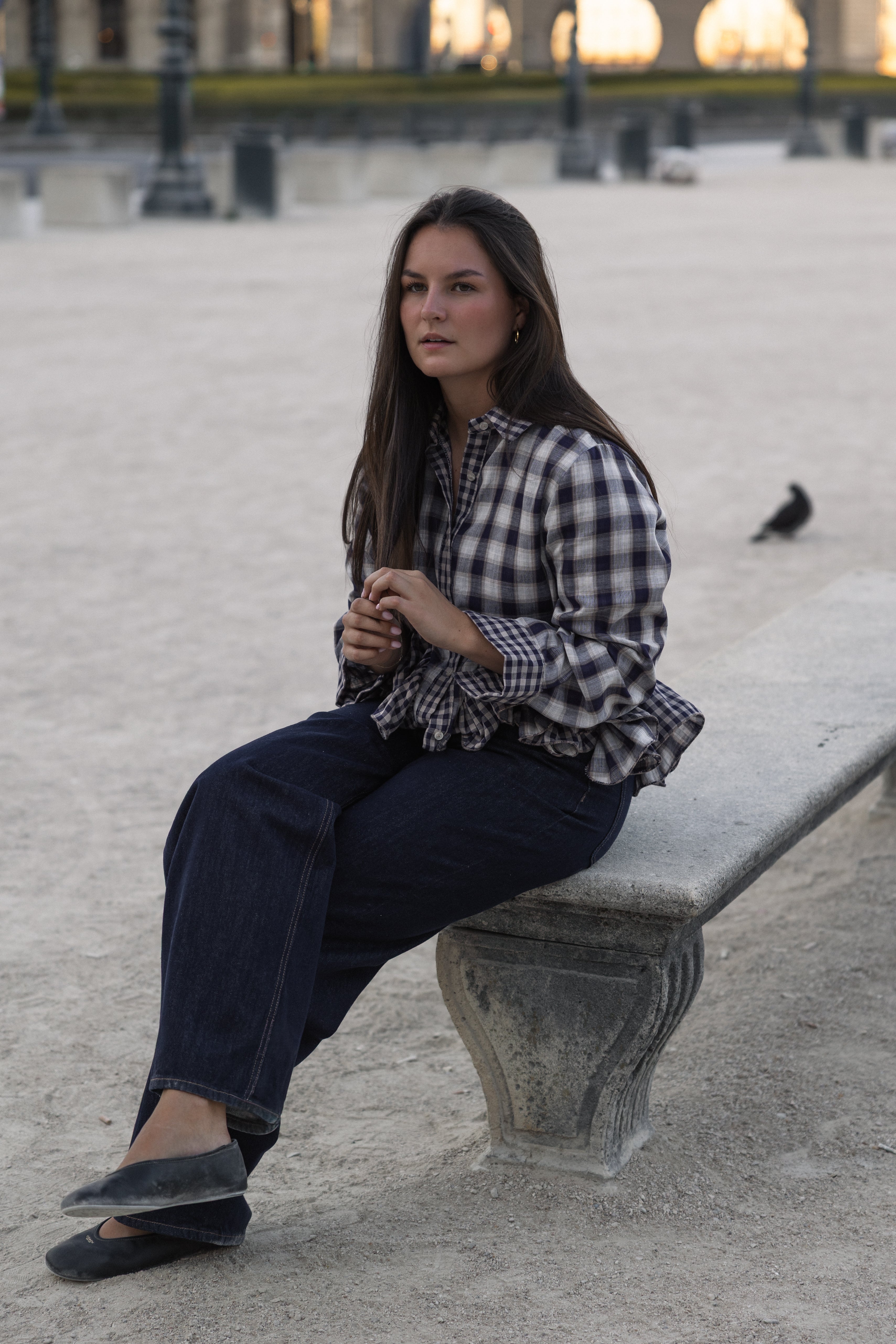 CHECKED VOLANT SHIRT NAVY