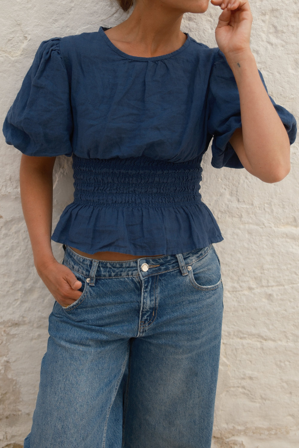 100% LINNEN TAILORED TOP NAVY