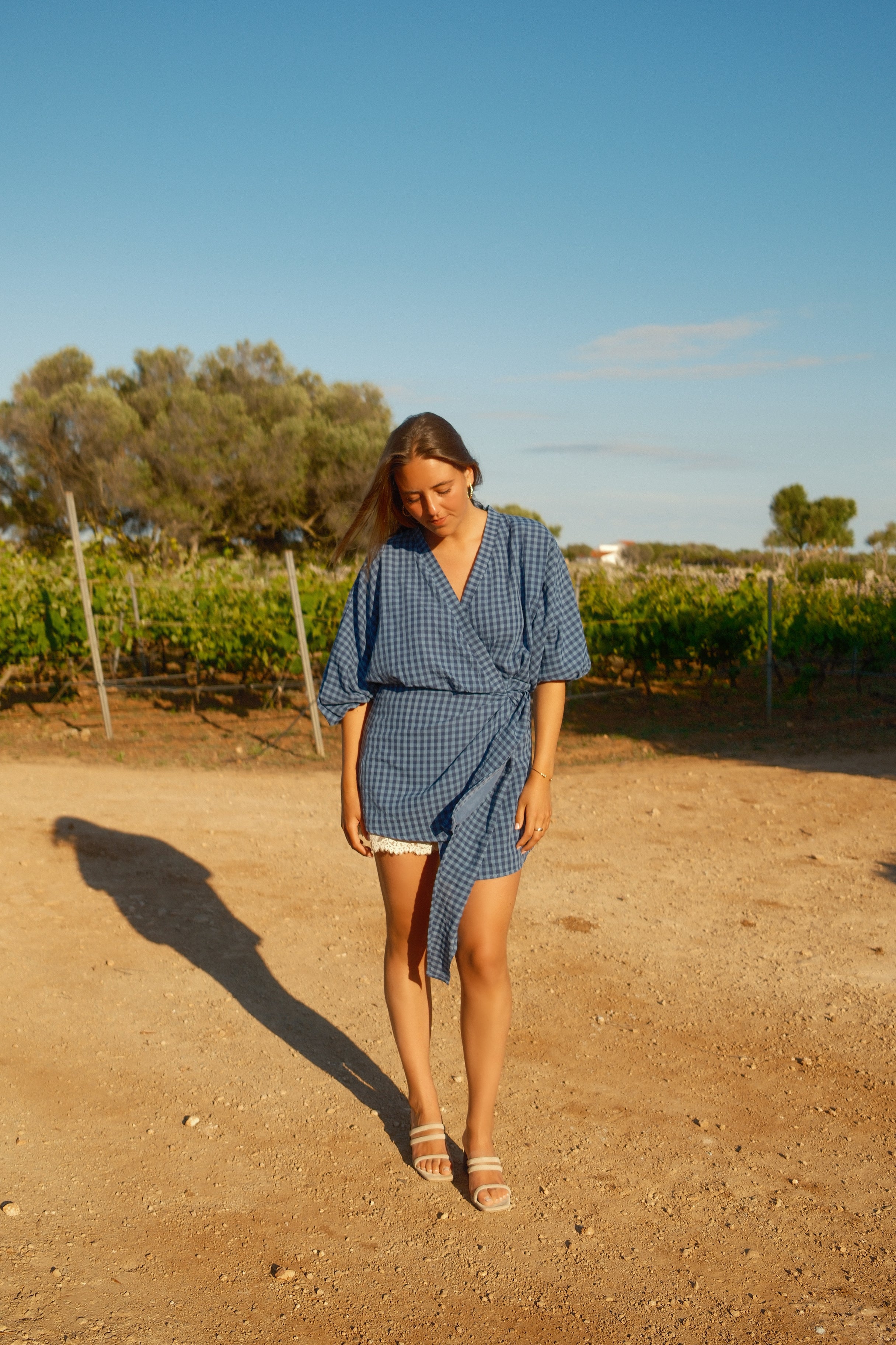 CHECKED WRAPPED DRESS BLUE