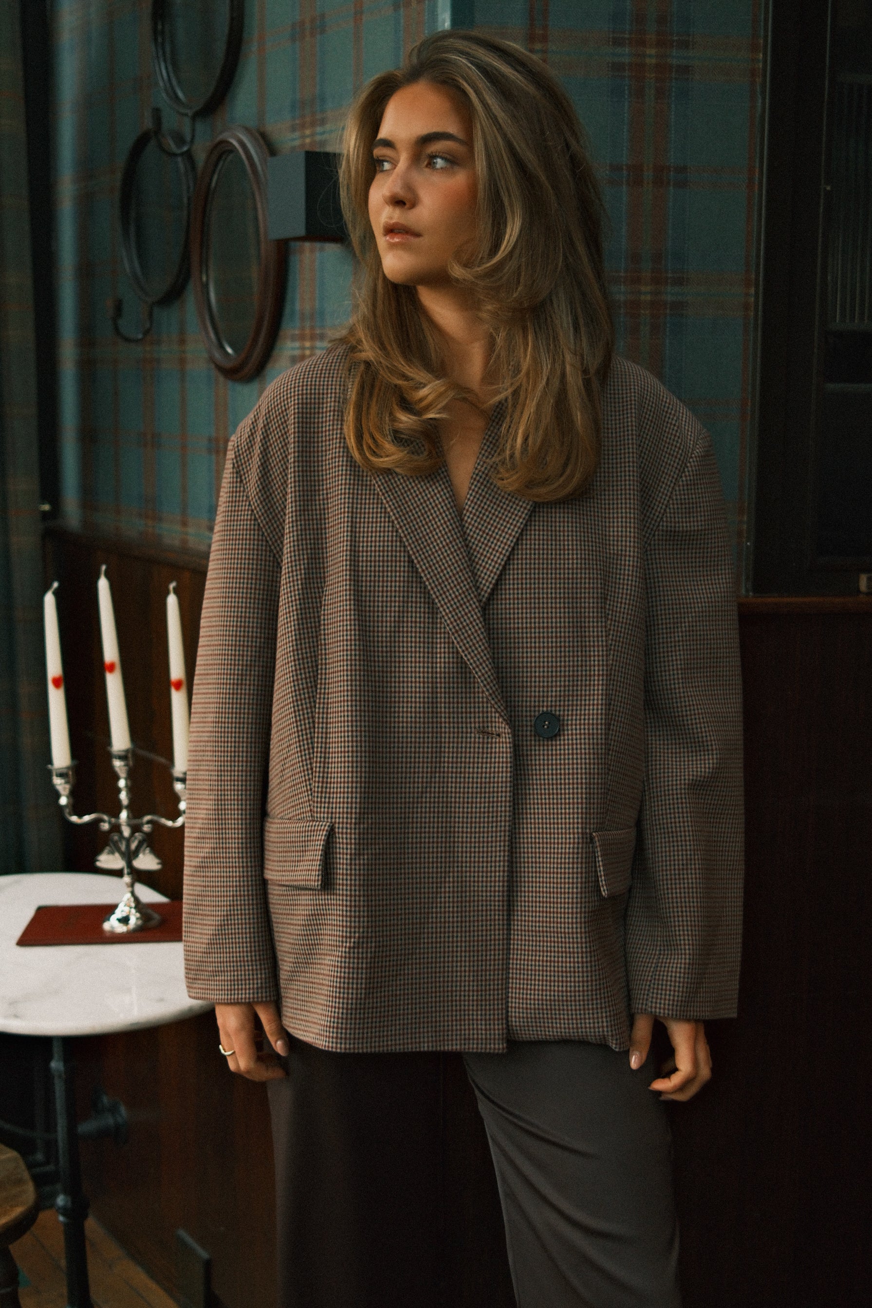 OVERSIZED CHECKED BLAZER BROWN