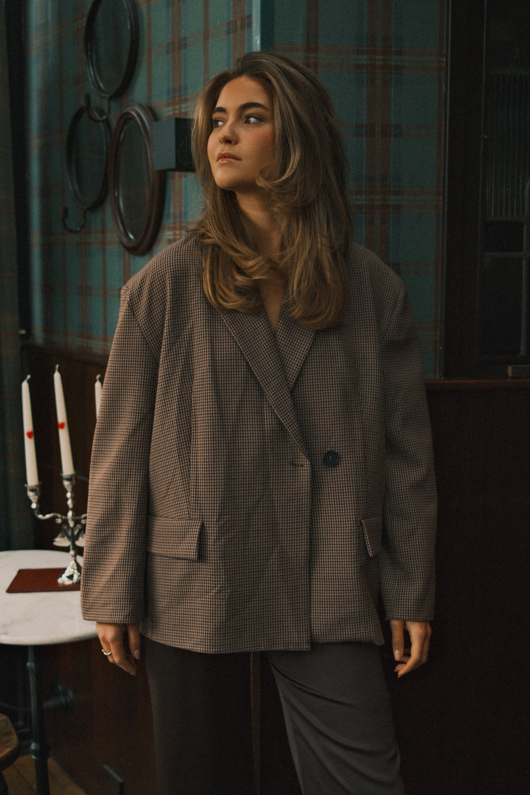 OVERSIZED CHECKED BLAZER BROWN