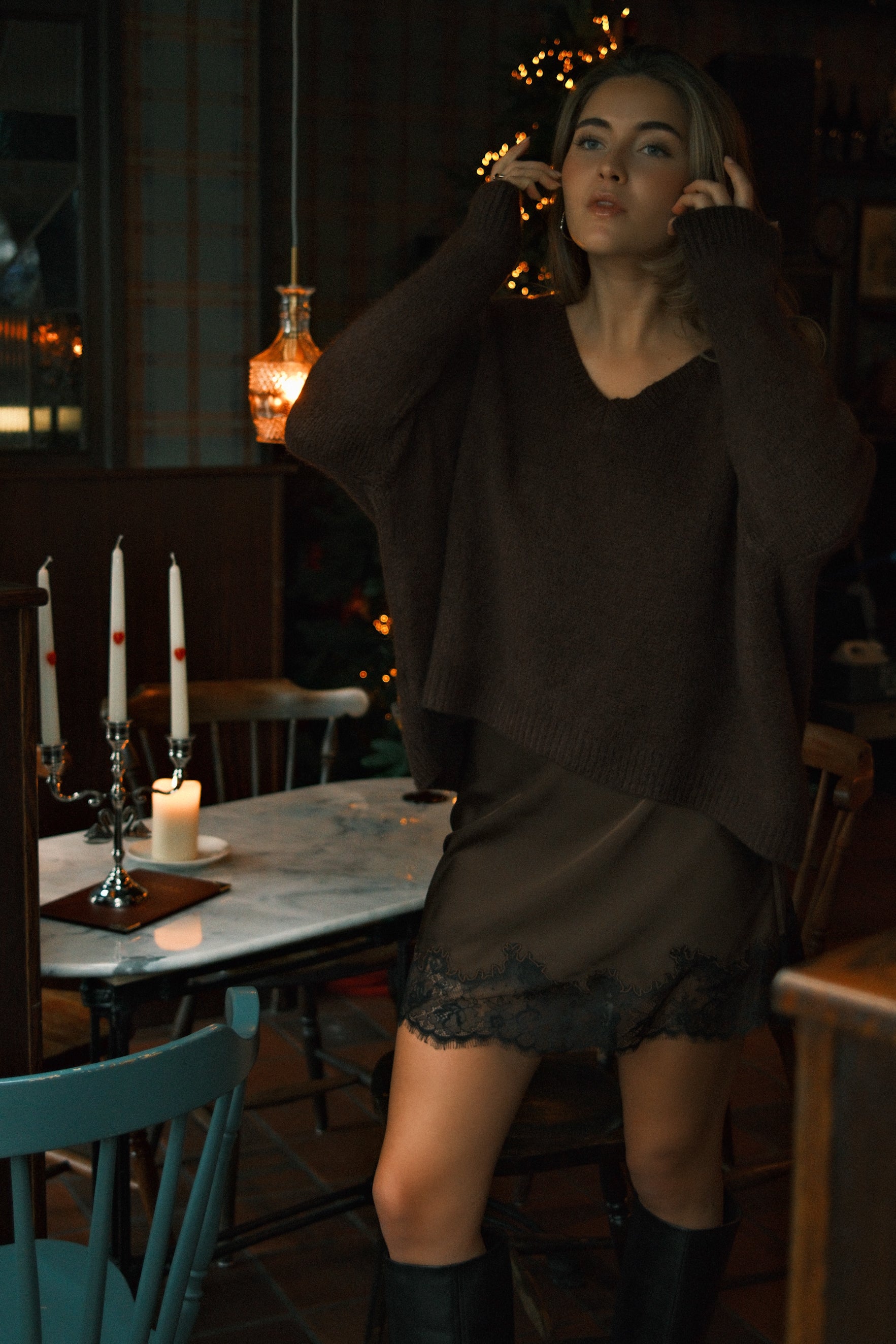 SATIN LACEY SKIRT CHOCO