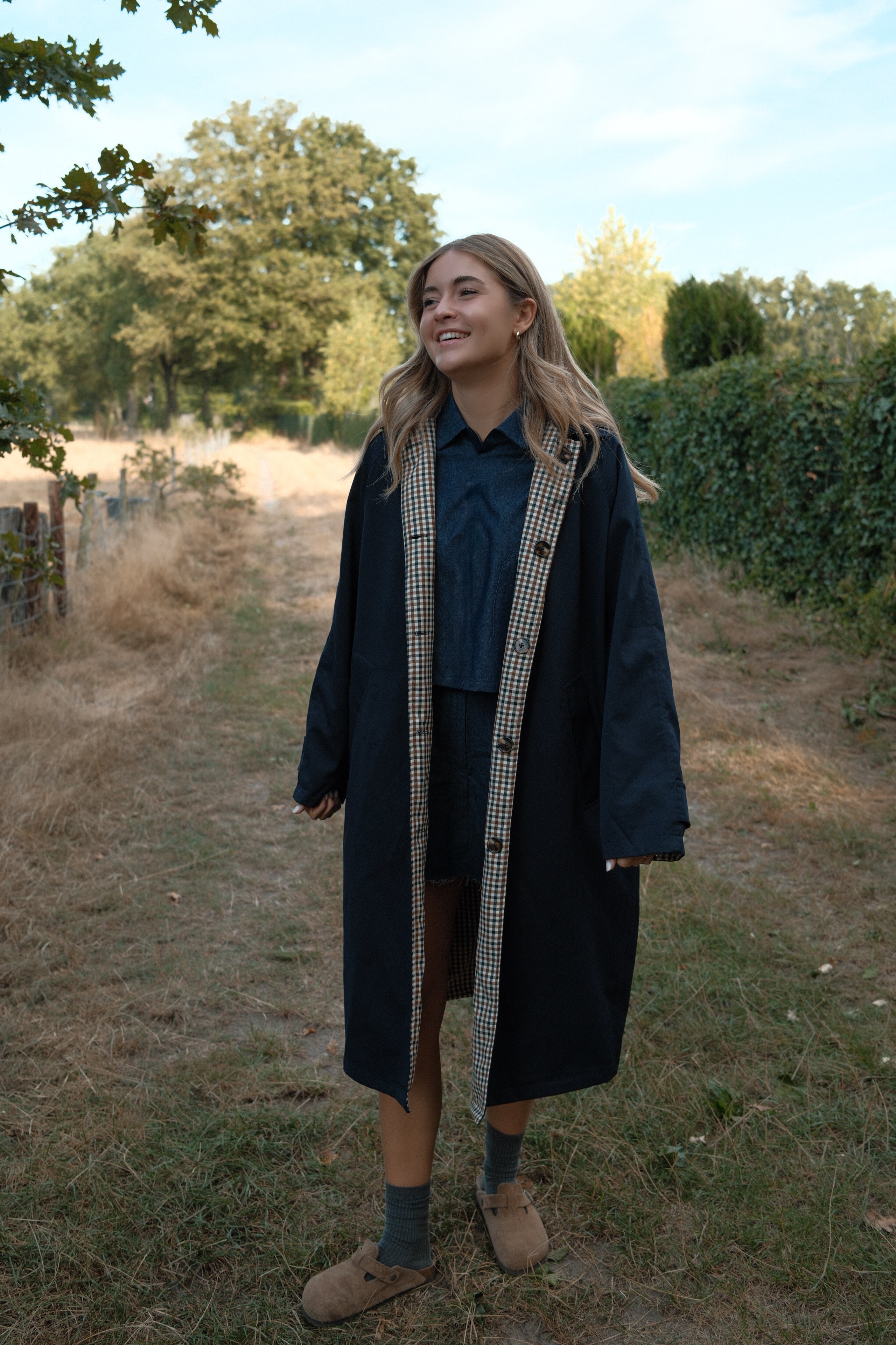 THE REVERSIBLE CHECK TRENCH COAT NAVY