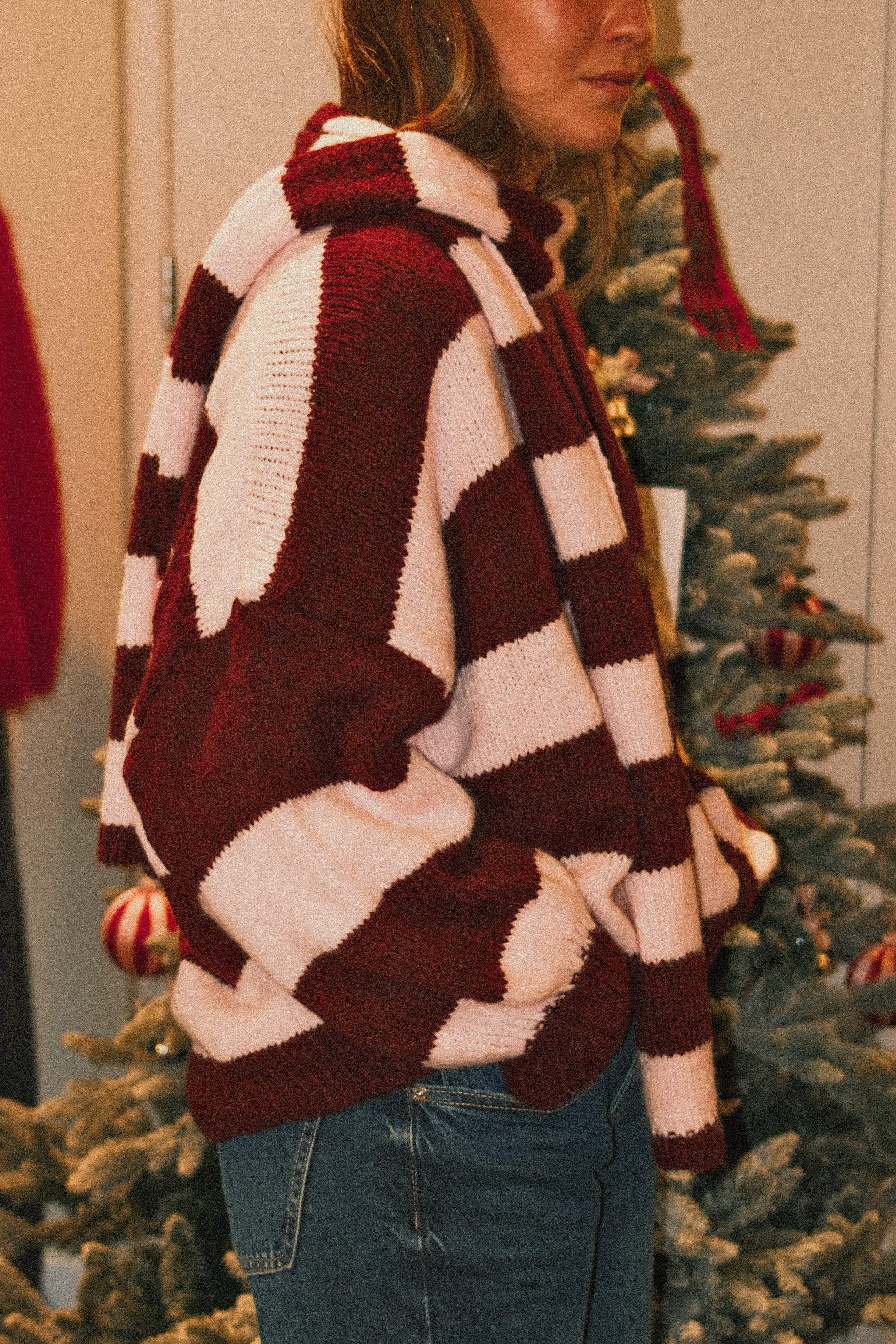 OVERSIZED STRIPED SCARLETT CARDIGAN PINK/BORDEAUX (WITH SCARF)
