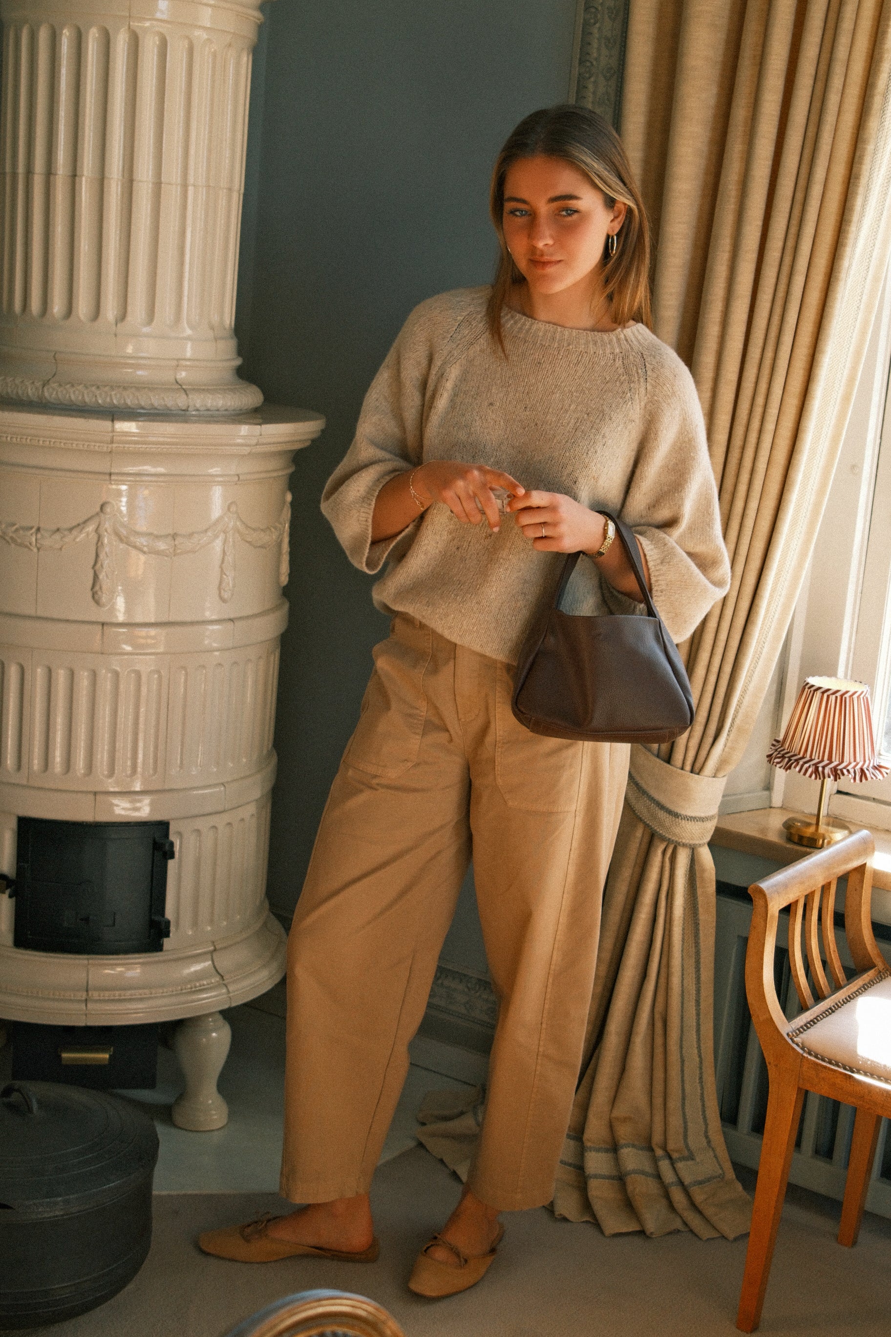 COTTON BARREL PANTS BEIGE