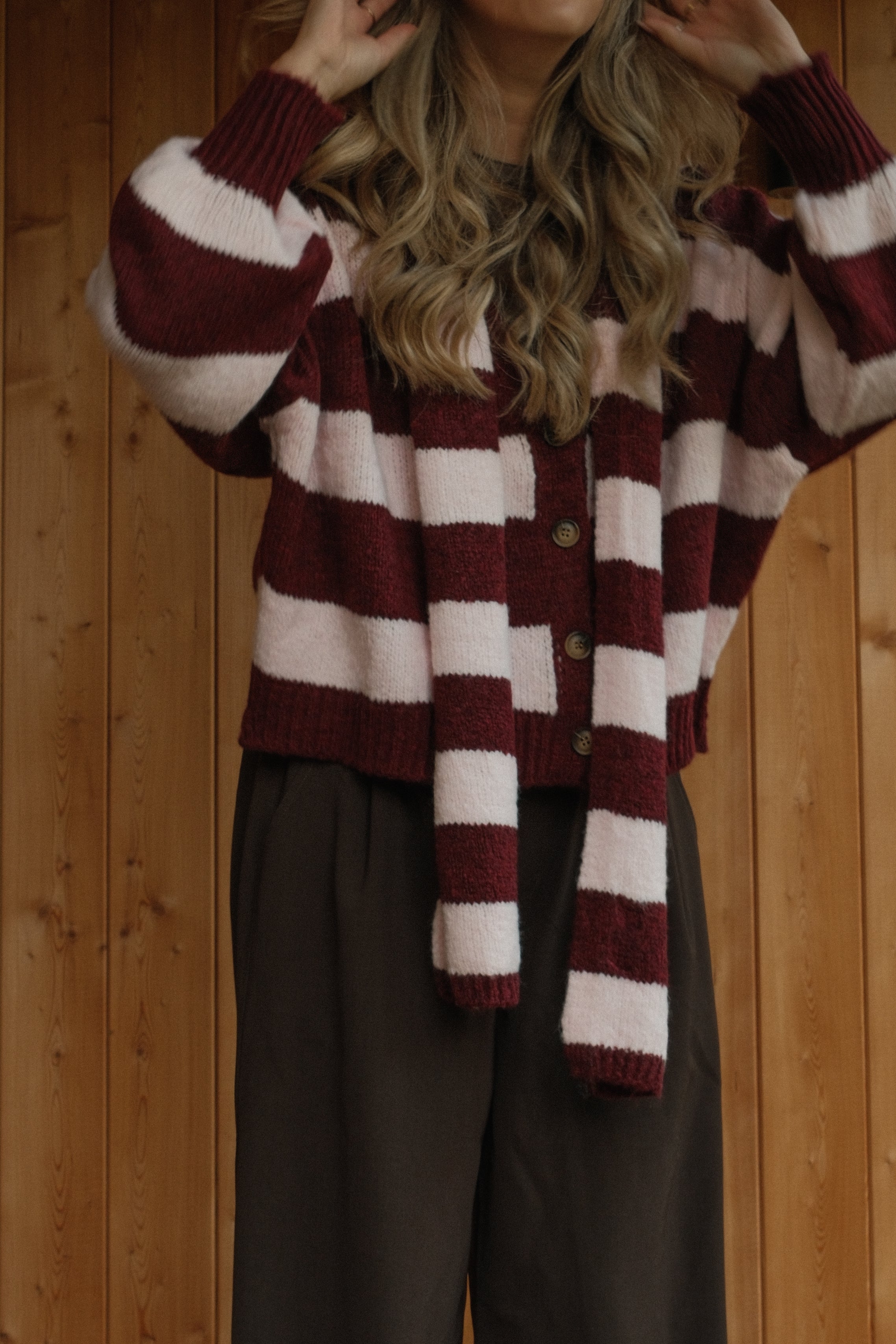 OVERSIZED STRIPED SCARLETT CARDIGAN PINK/BORDEAUX (WITH SCARF)
