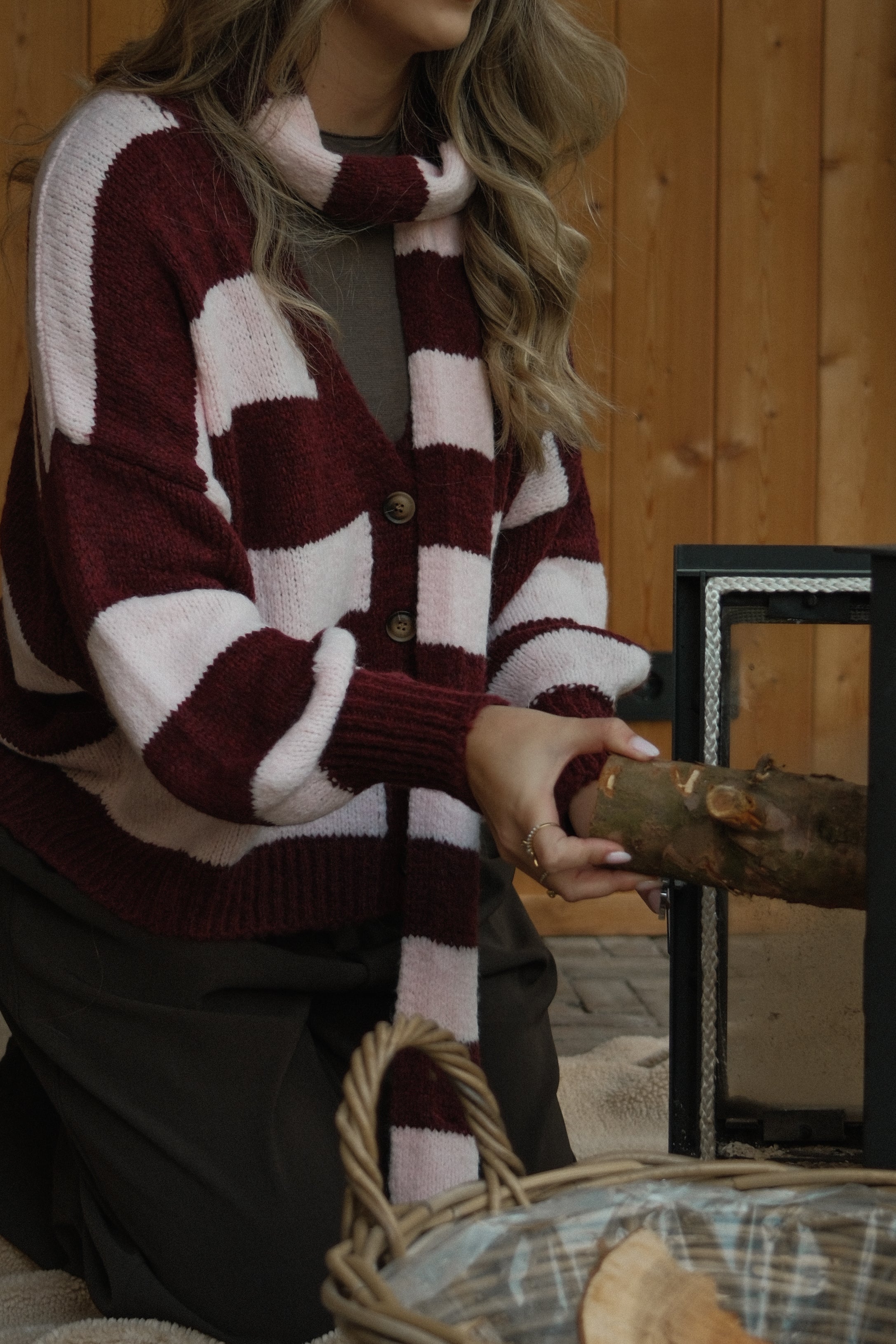 OVERSIZED STRIPED SCARLETT CARDIGAN PINK/BORDEAUX (WITH SCARF)