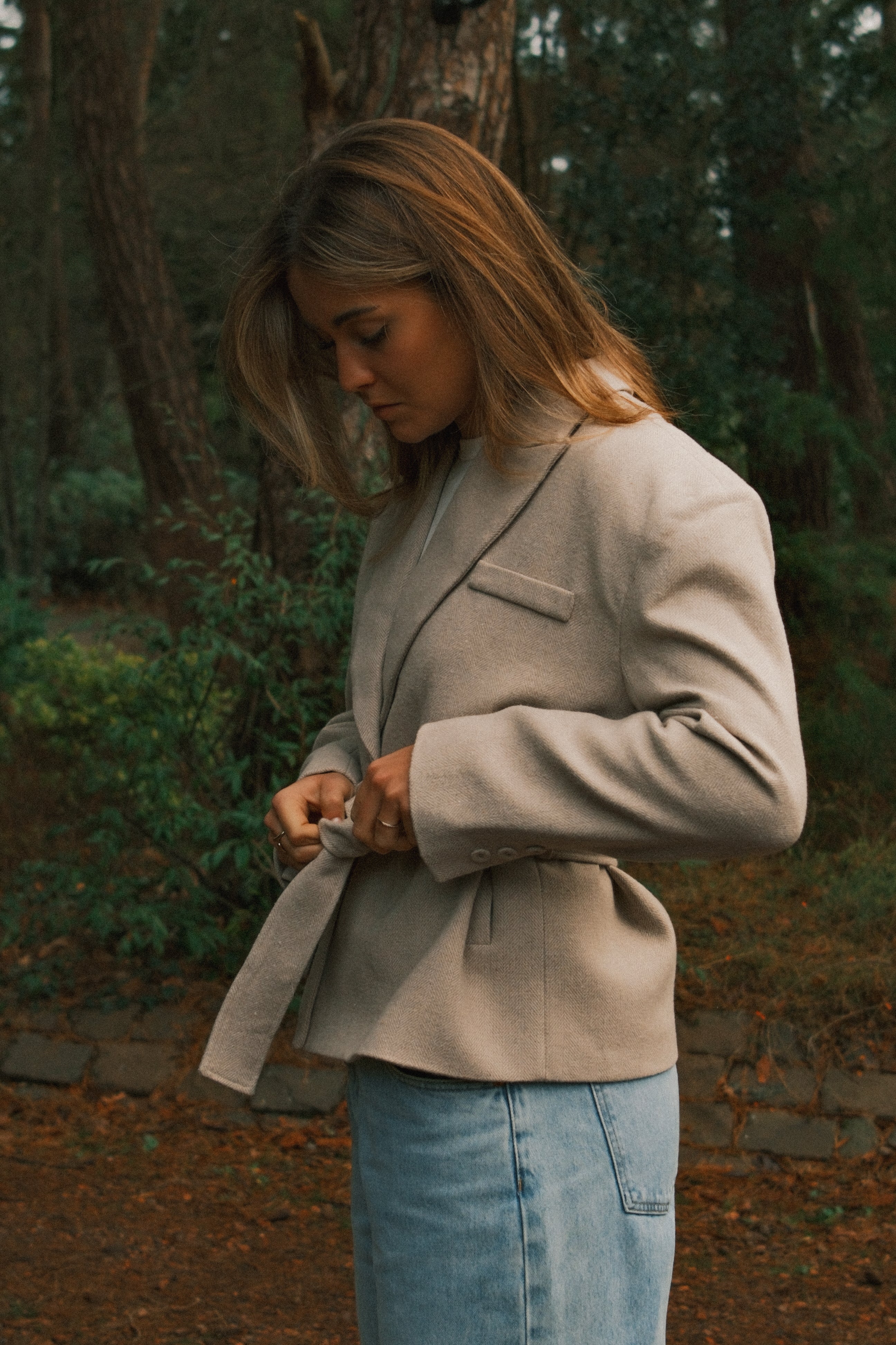 HERRINGBONE BELTED JACKET BEIGE