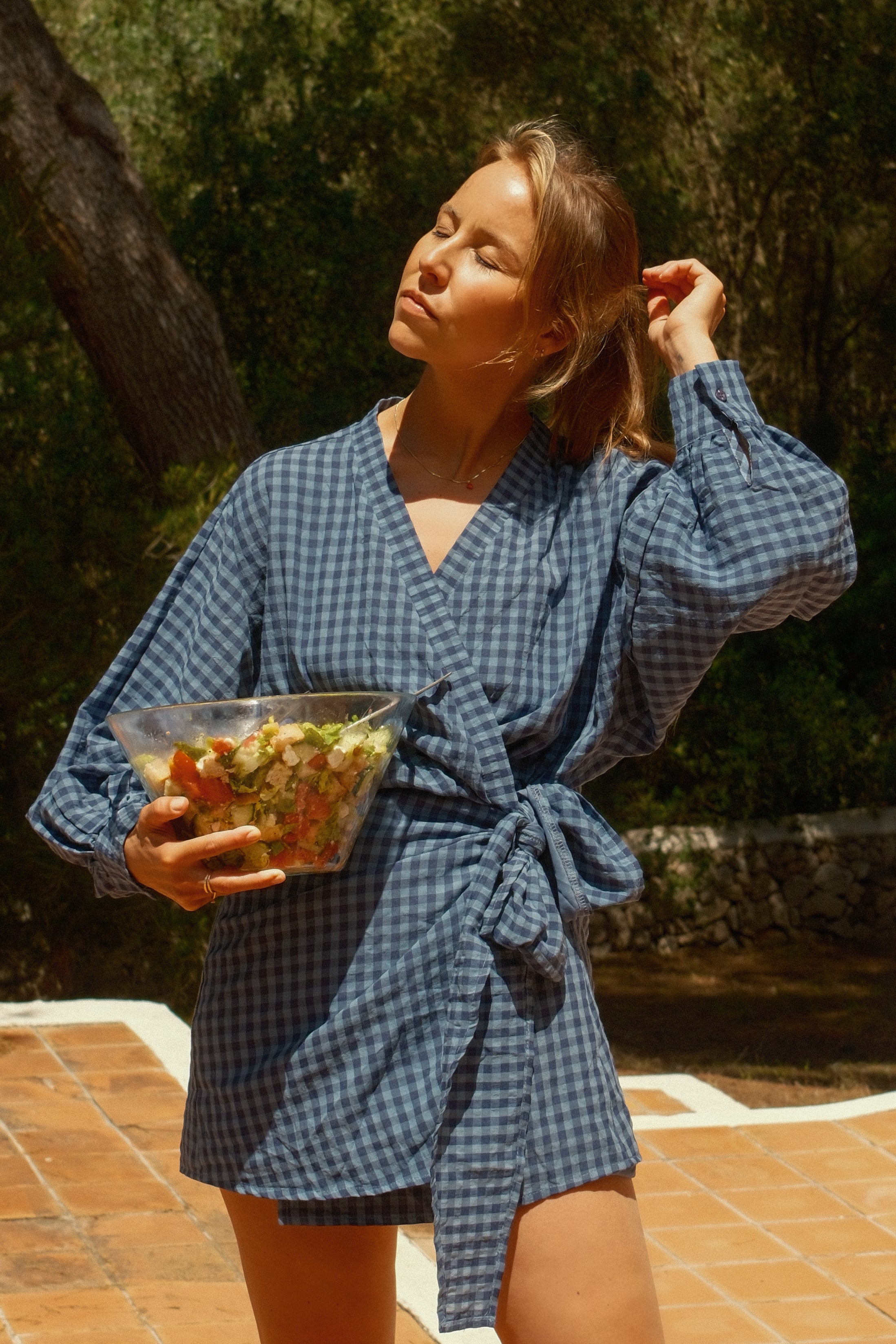 CHECKED WRAPPED DRESS BLUE