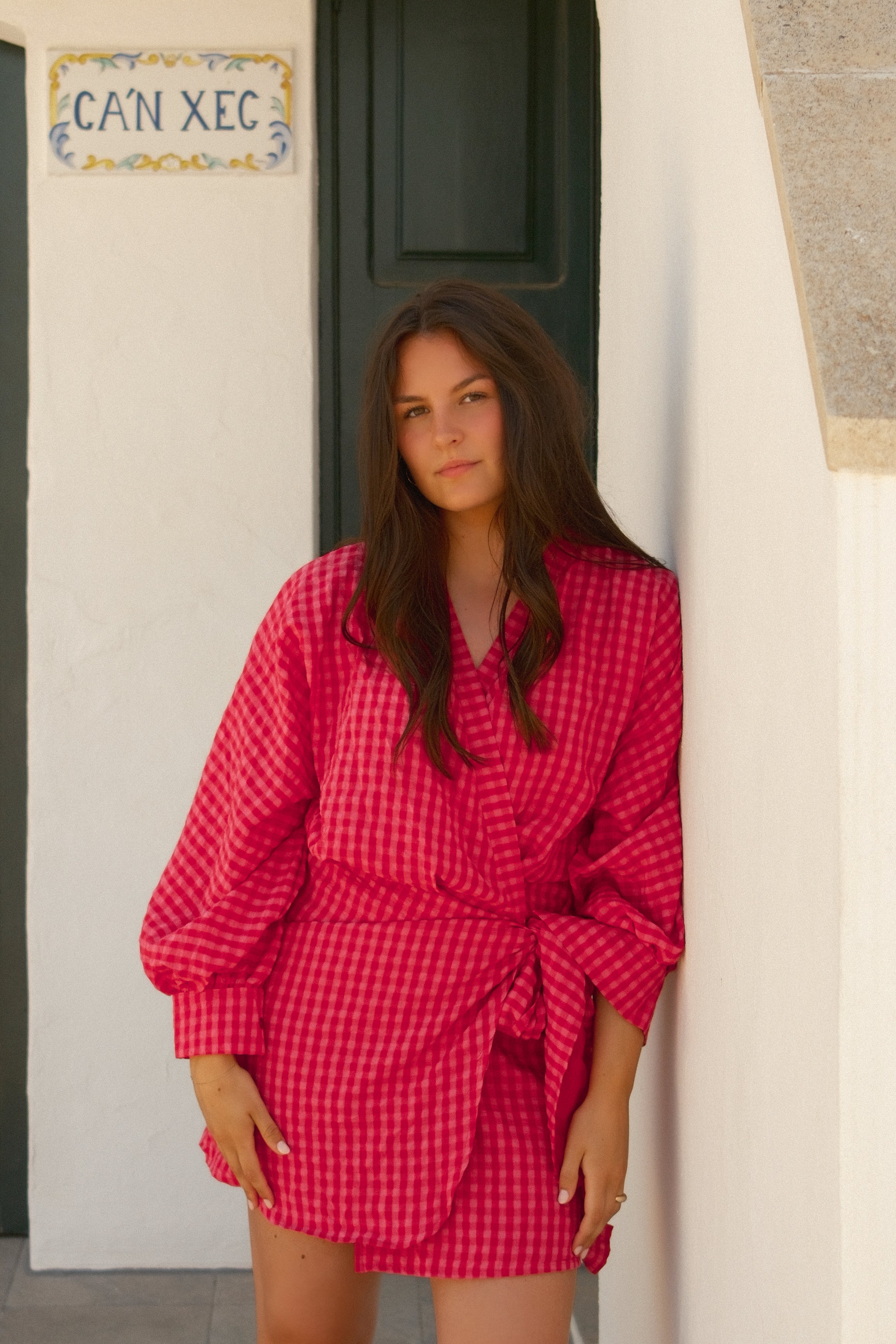 CHECKED WRAPPED DRESS RED/PINK