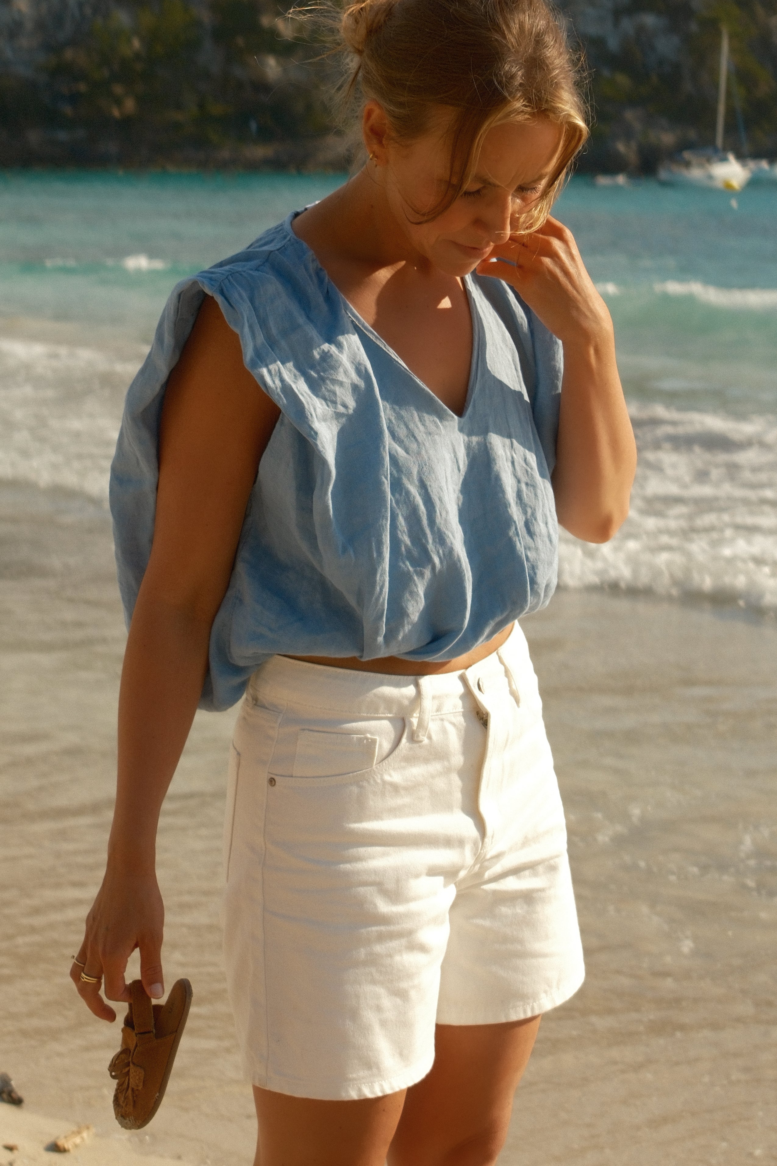 100% LINNEN V-TOP DENIMBLUE