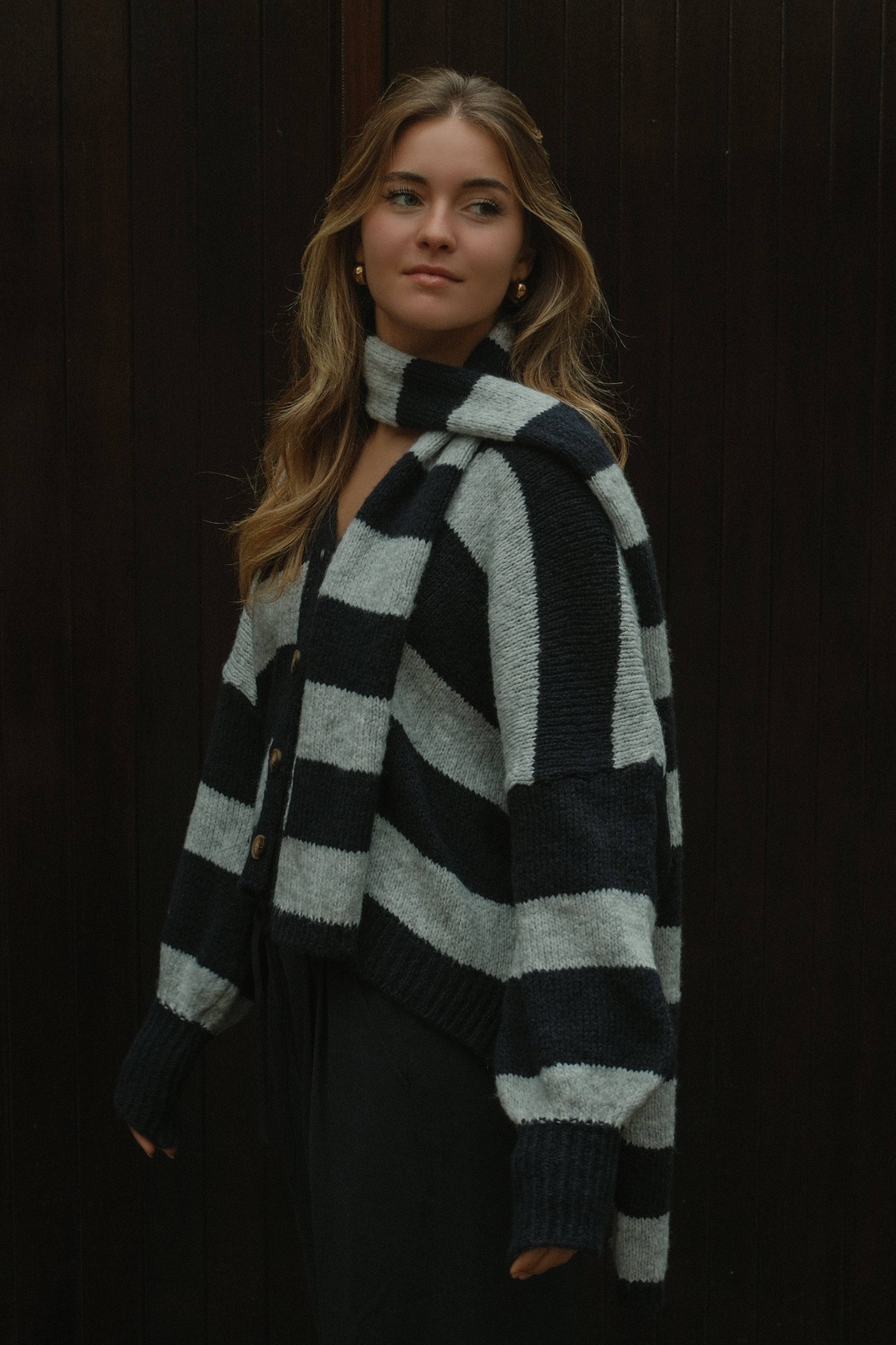 OVERSIZED STRIPED SCARLETT CARDIGAN GREY/NAVY (WITH SCARF)