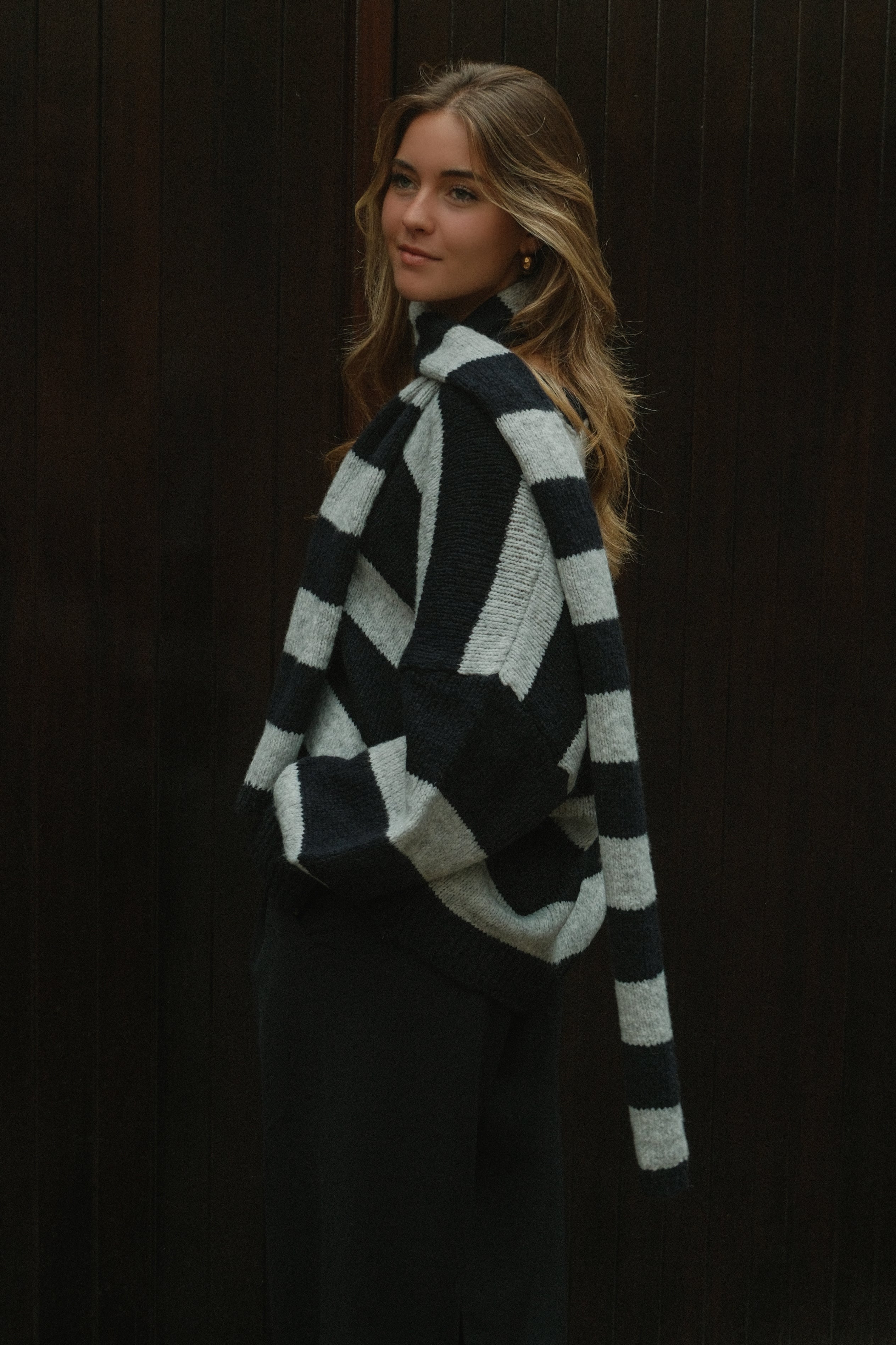 OVERSIZED STRIPED SCARLETT CARDIGAN GREY/NAVY (WITH SCARF)