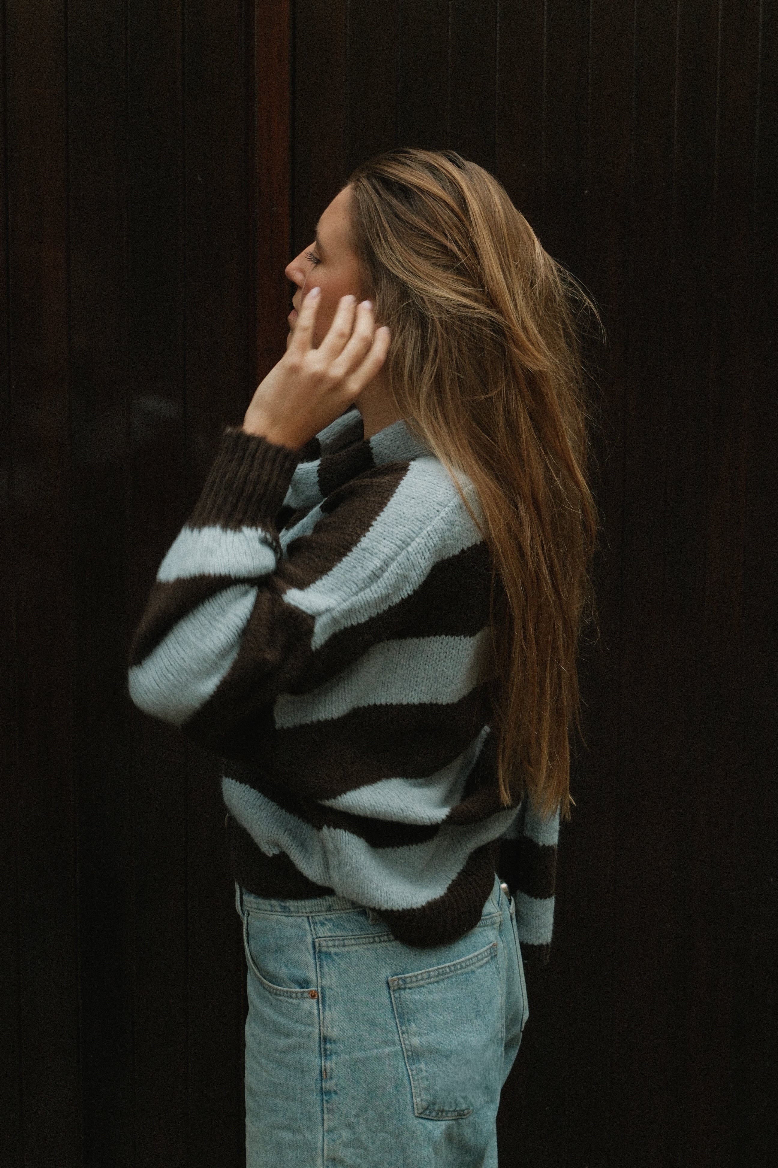 OVERSIZED STRIPED SCARLETT CARDIGAN BLUE/CHOCO (WITH SCARF)