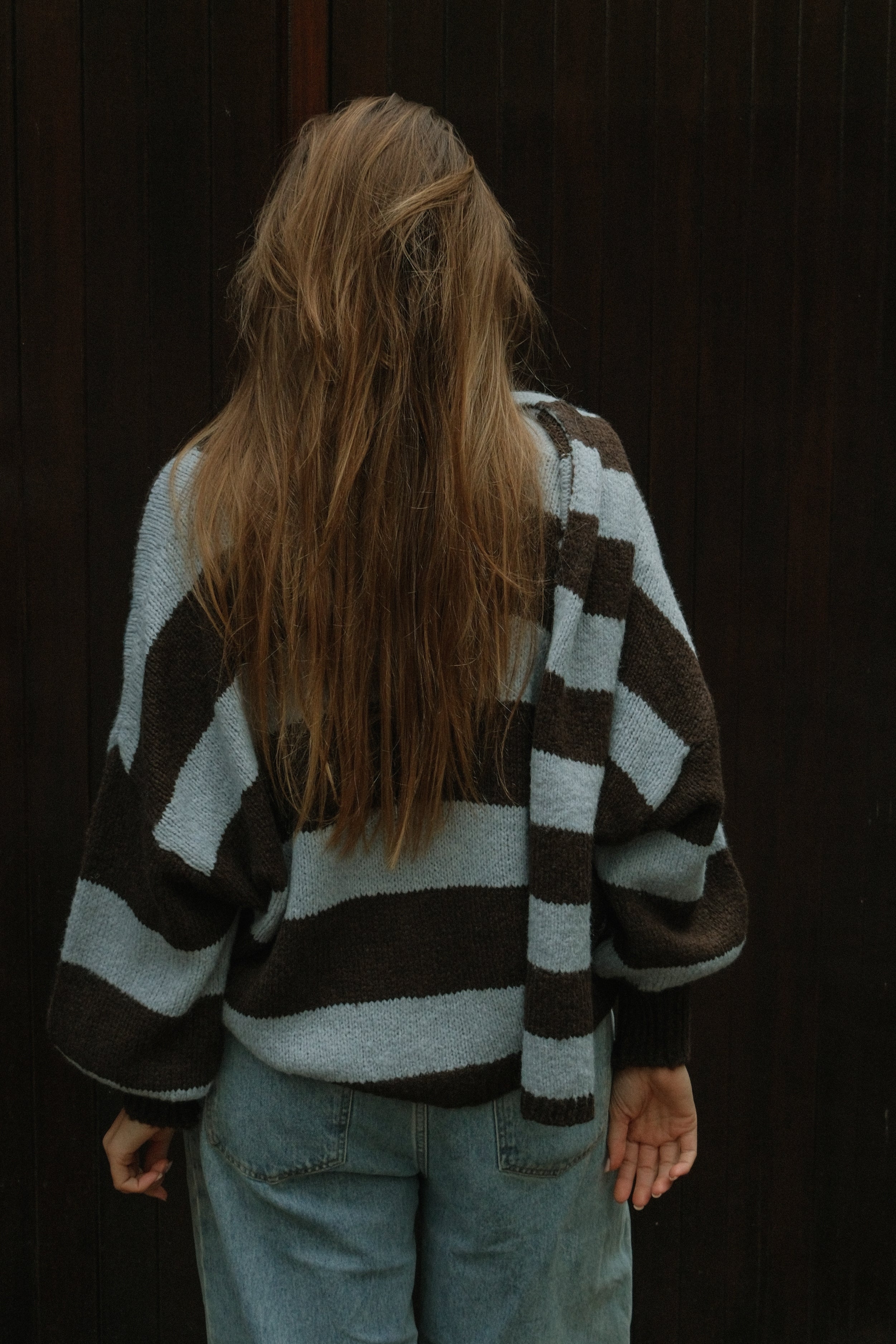 OVERSIZED STRIPED SCARLETT CARDIGAN BLUE/CHOCO (WITH SCARF)