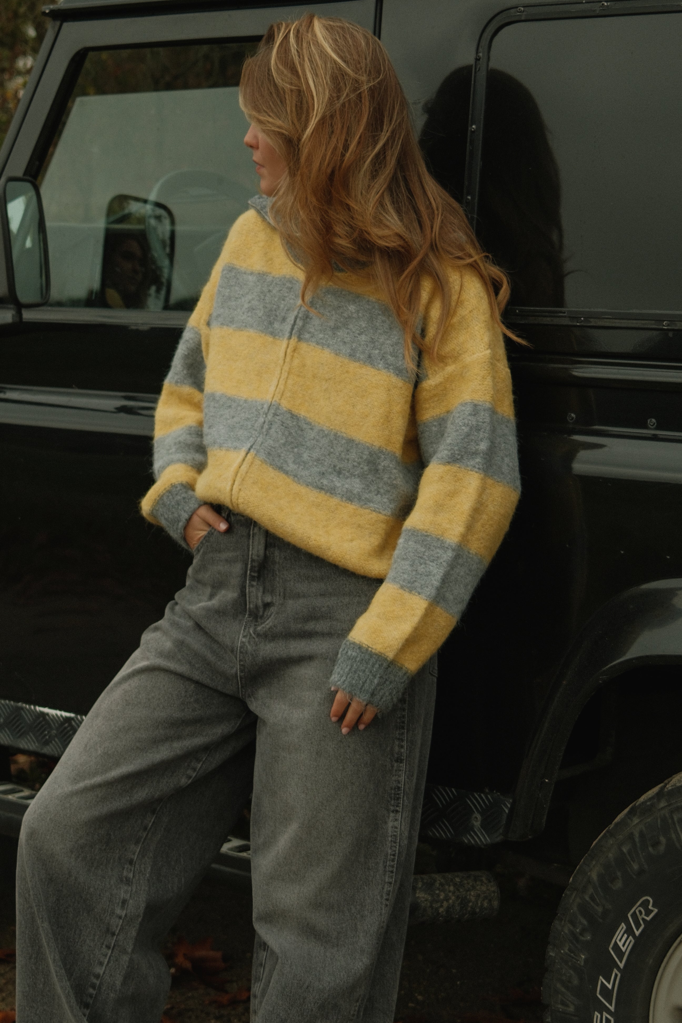 BOLD STRIPE ZIP KNIT YELLOW/GREY