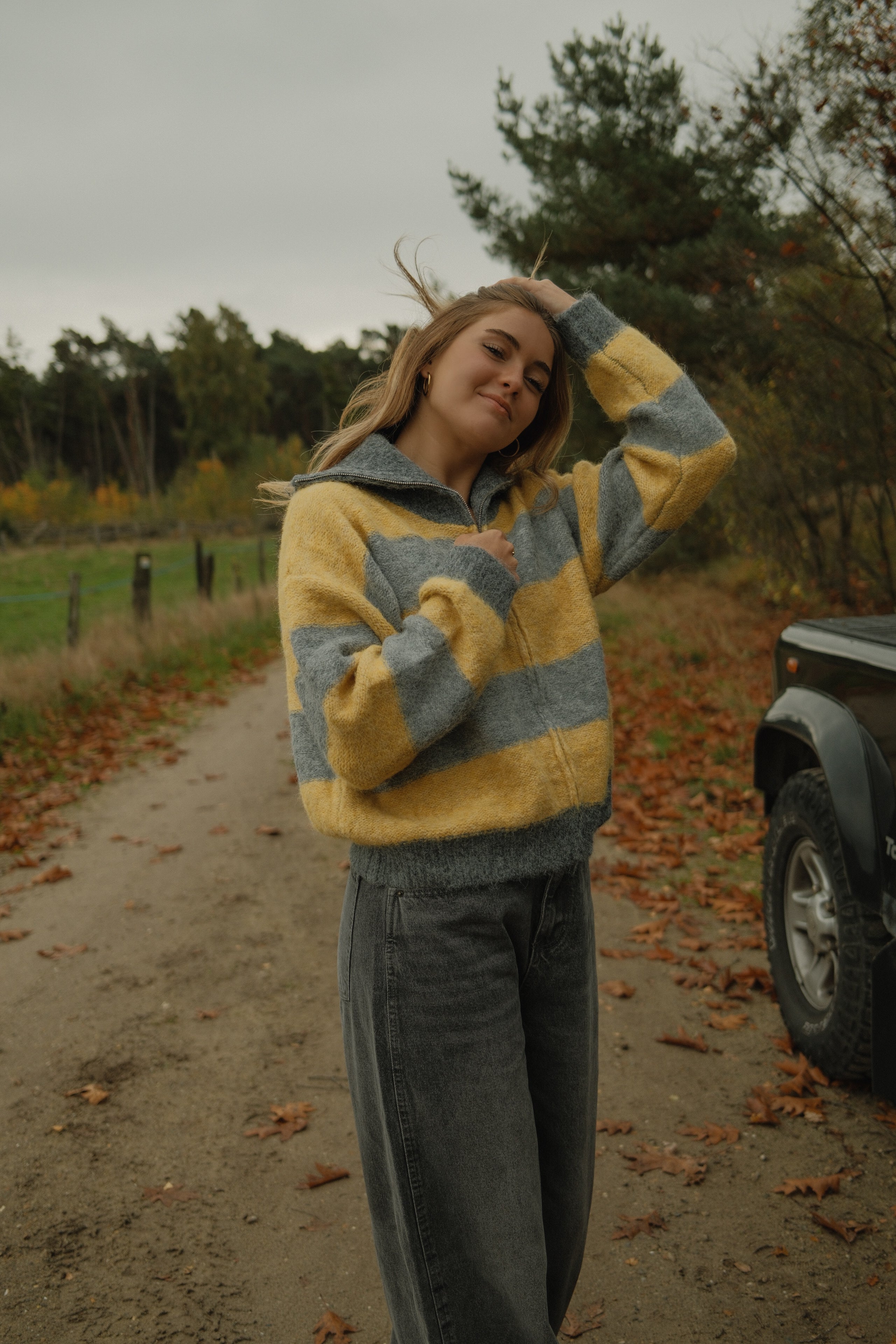 BOLD STRIPE ZIP KNIT YELLOW/GREY